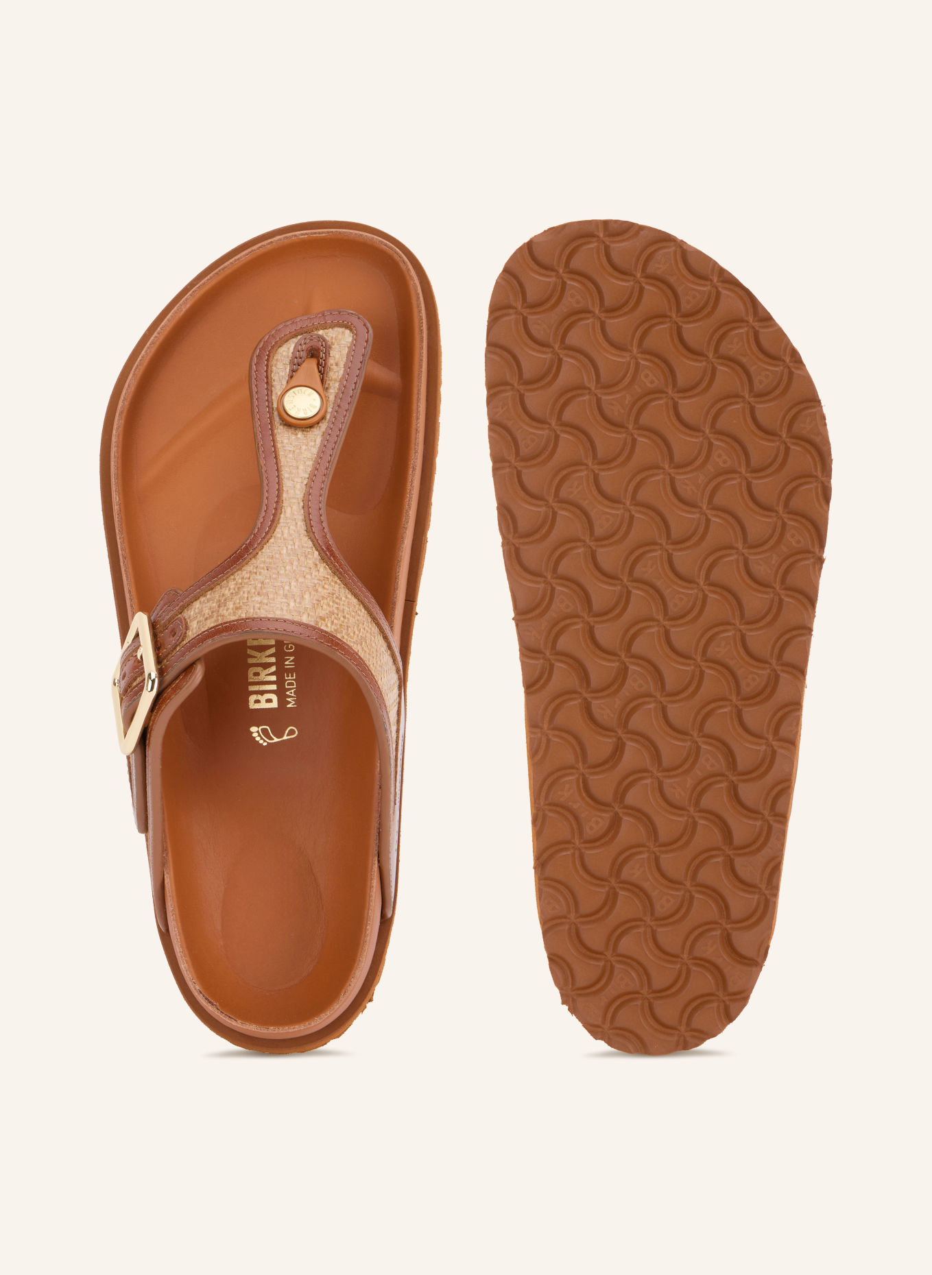 1774 BIRKENSTOCK Zehentrenner GIZEH RAFFIA: COGNAC / GOLD / BEIGE