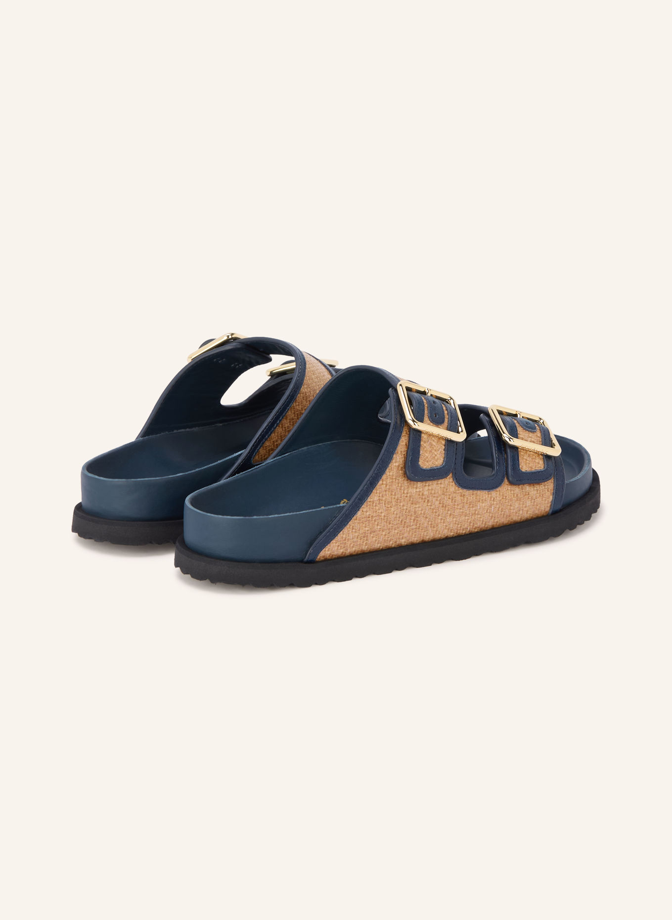 1774 BIRKENSTOCK Pantoletten ARIZONA FRAMED RAFFIA: DUNKELBLAU / GOLD / HELLBRAUN