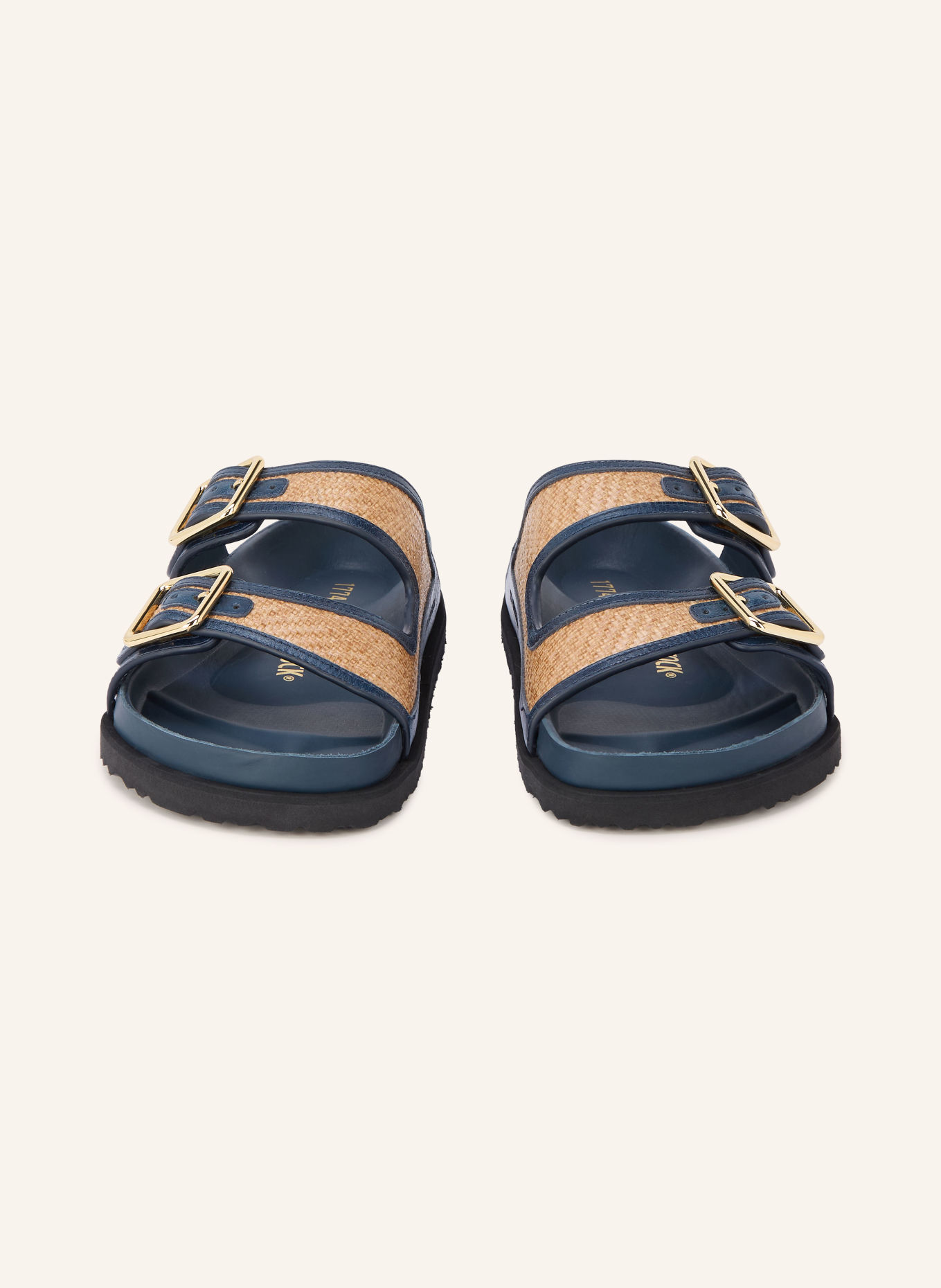 1774 BIRKENSTOCK Pantoletten ARIZONA FRAMED RAFFIA: DUNKELBLAU / GOLD / HELLBRAUN