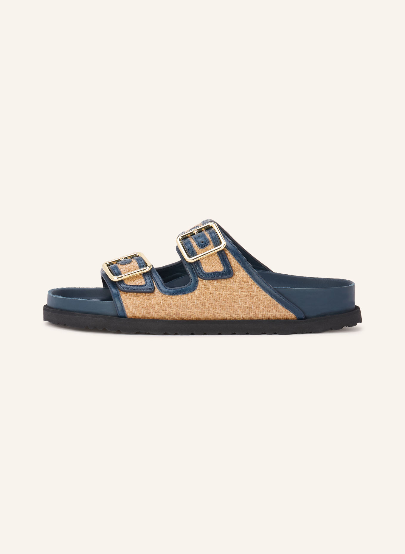 1774 BIRKENSTOCK Pantoletten ARIZONA FRAMED RAFFIA: DUNKELBLAU / GOLD / HELLBRAUN