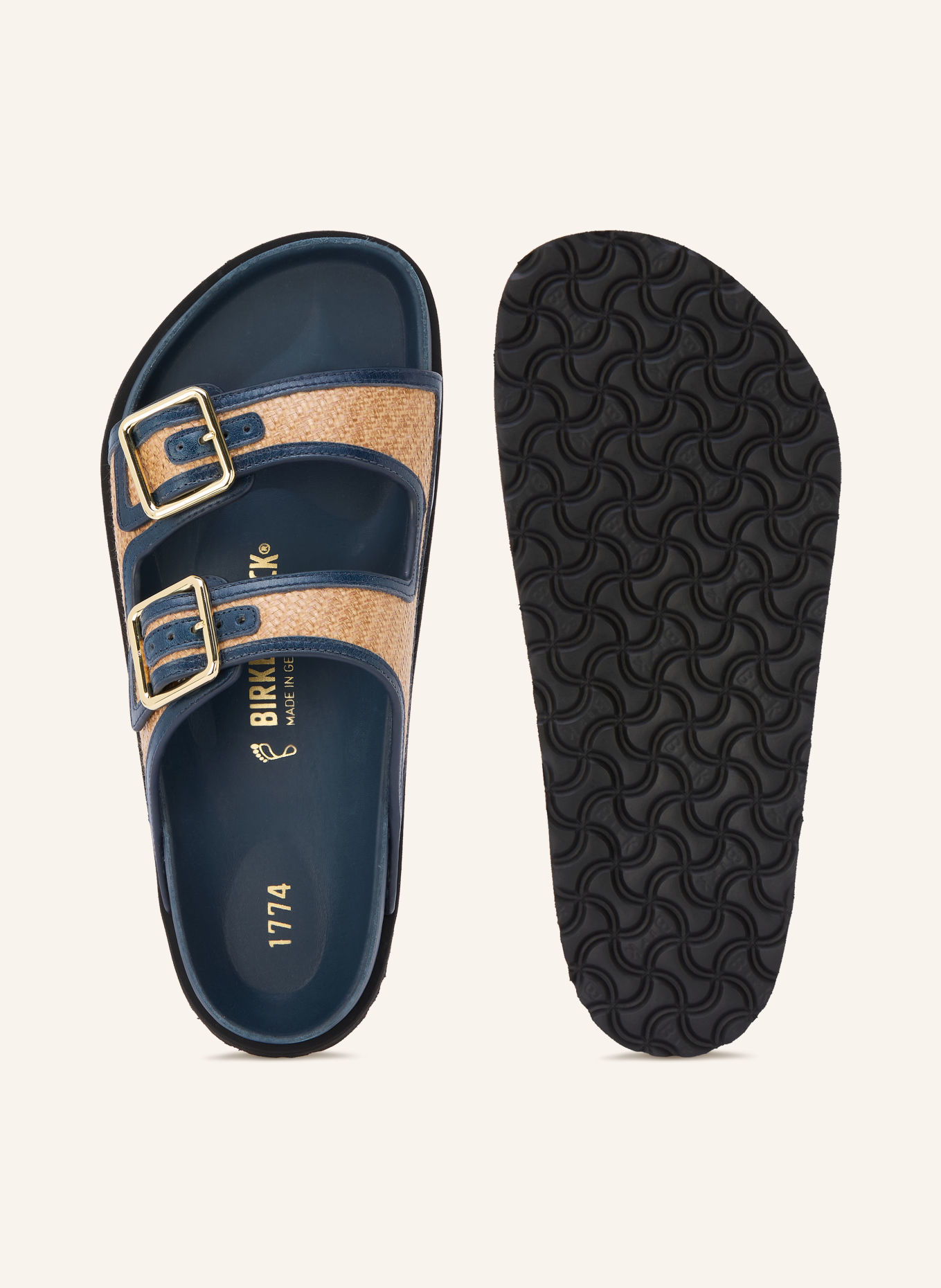 1774 BIRKENSTOCK Pantoletten ARIZONA FRAMED RAFFIA: DUNKELBLAU / GOLD / HELLBRAUN