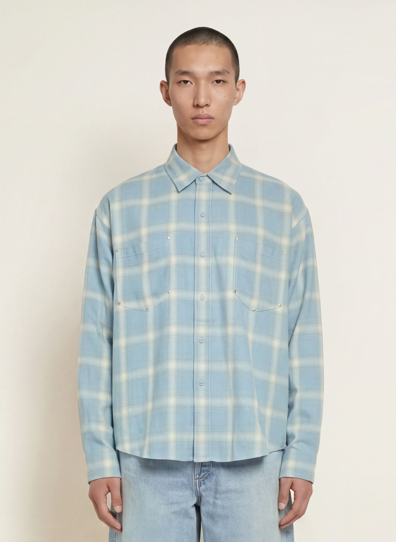 COLE BUXTON Chemise Comfort Fit avec rivets: BLEU CLAIR / BLANC