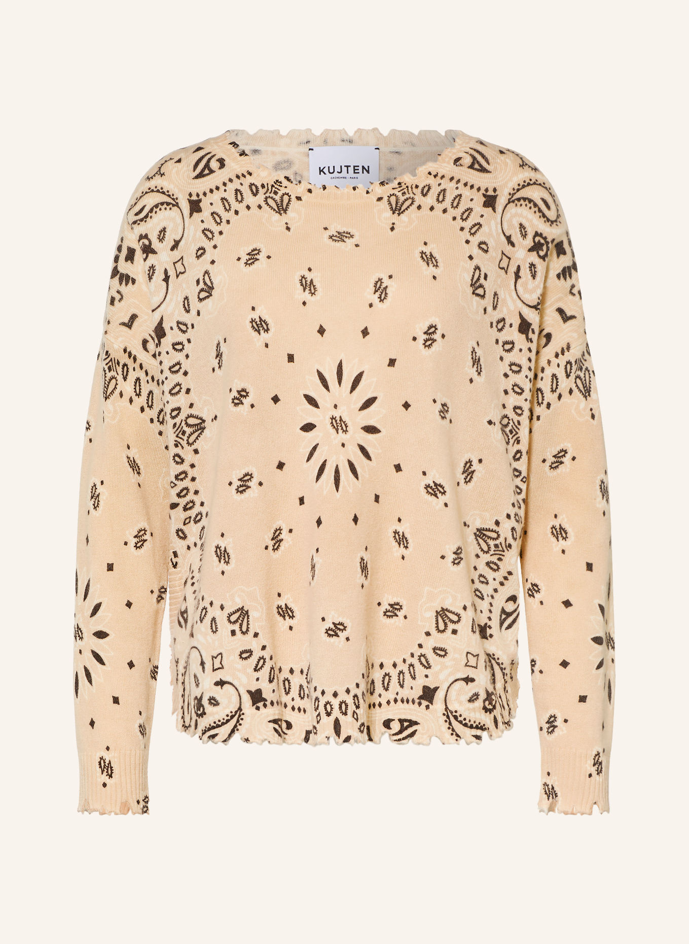 KUJTEN Cashmere-Pullover MELA BANDANA: BEIGE / DUNKELBRAUN / CREME