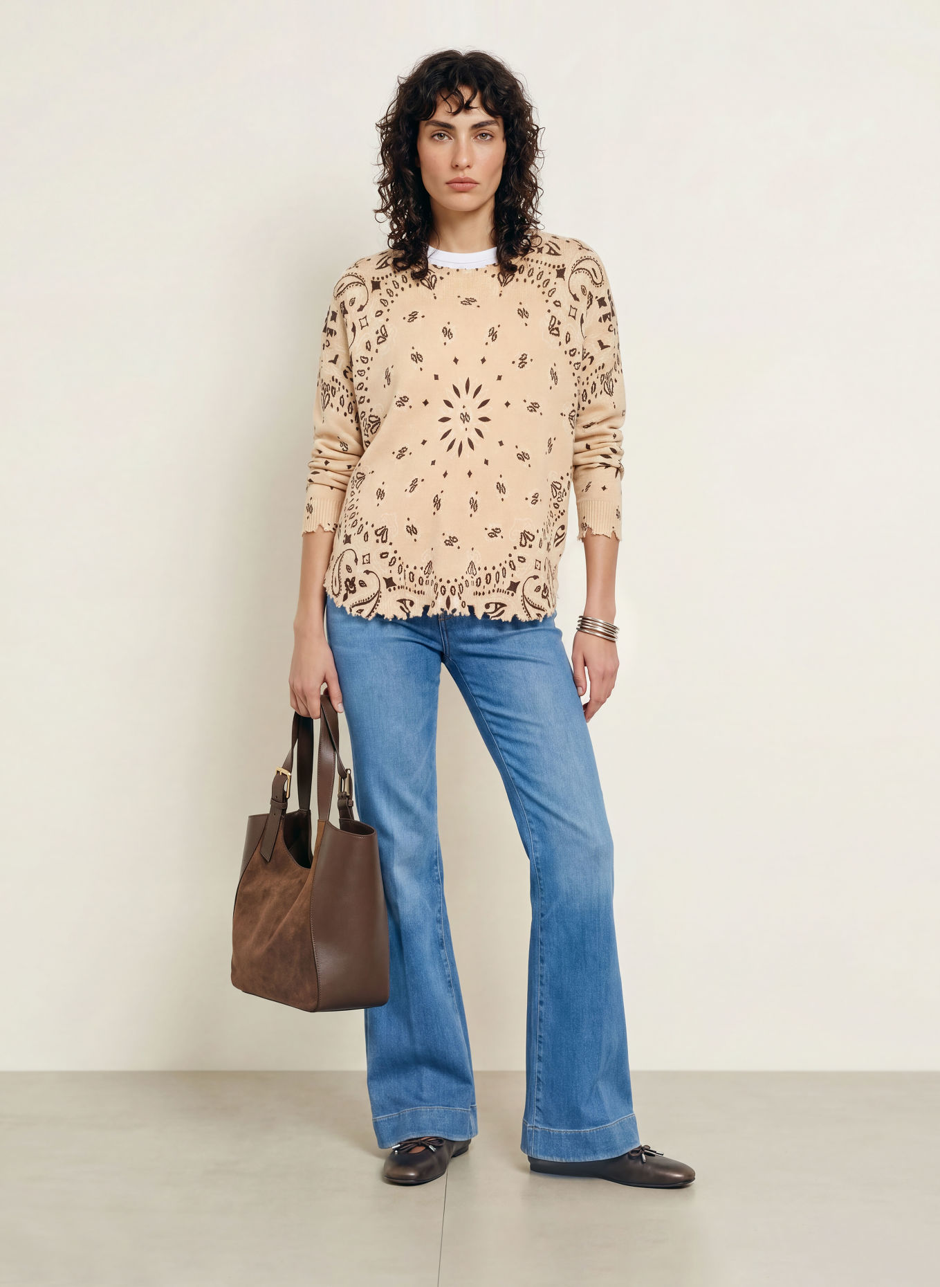 KUJTEN Cashmere-Pullover MELA BANDANA: BEIGE / DUNKELBRAUN / CREME