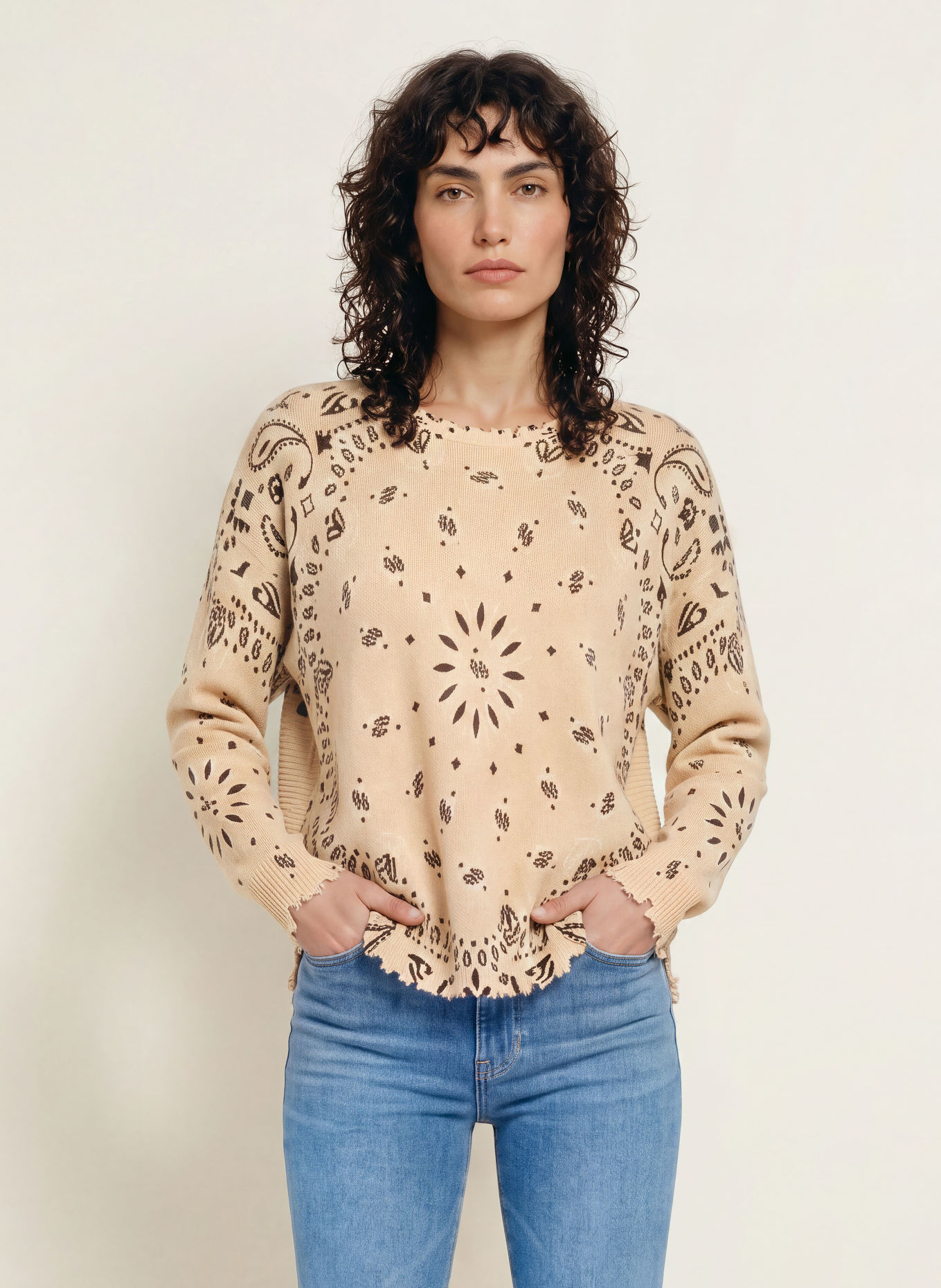 KUJTEN Cashmere-Pullover MELA BANDANA: BEIGE / DUNKELBRAUN / CREME