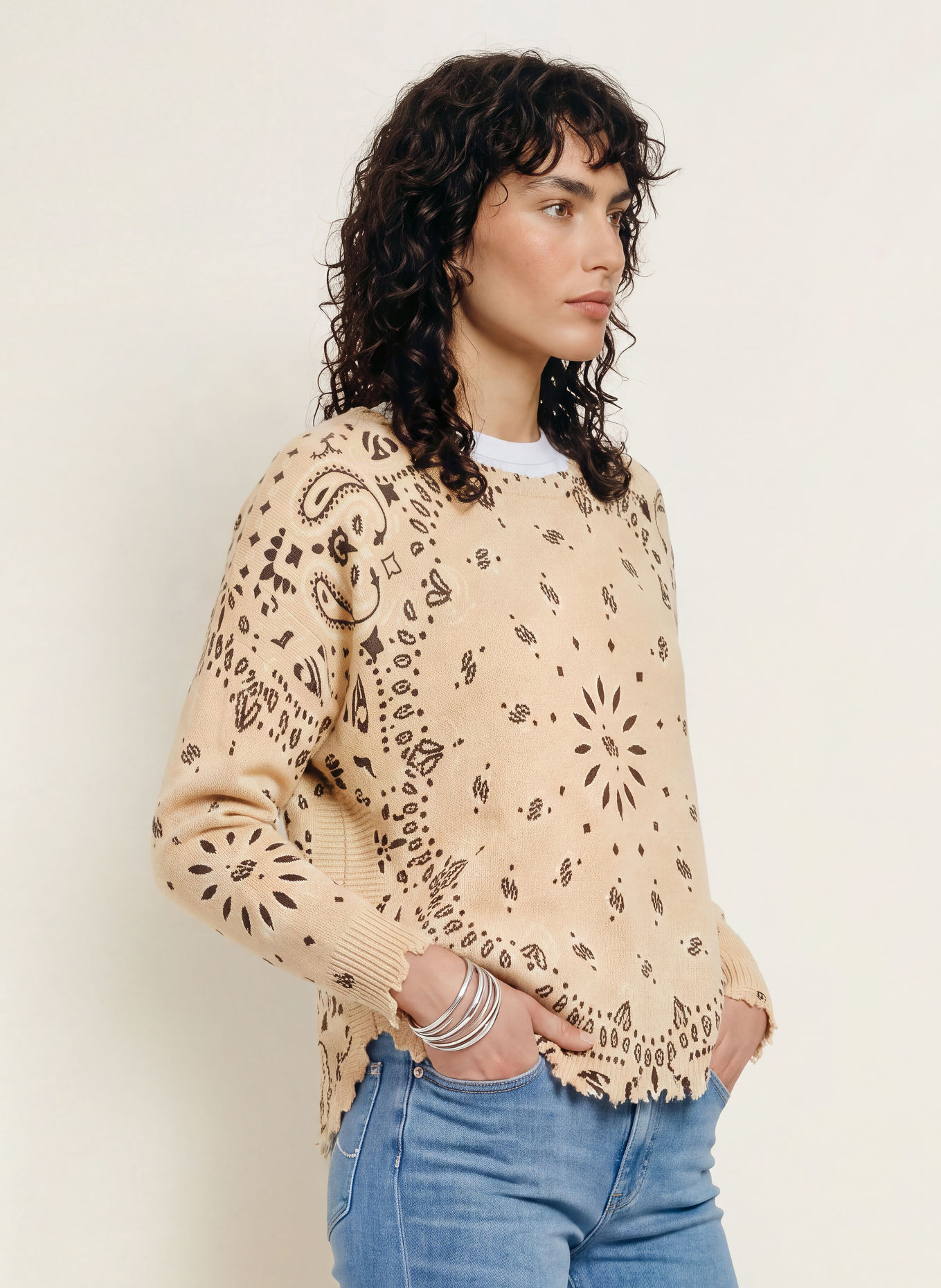 KUJTEN Cashmere-Pullover MELA BANDANA: BEIGE / DUNKELBRAUN / CREME
