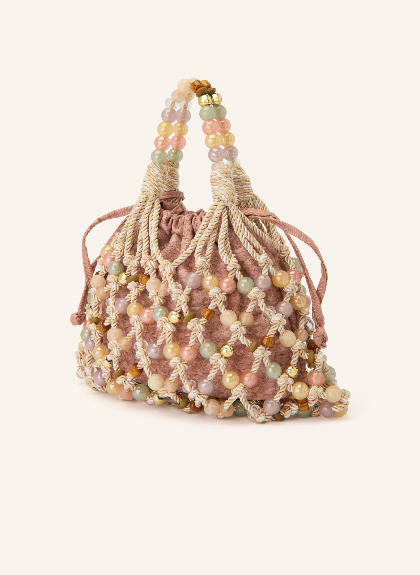 KURT GEIGER MACRAME ROPE Bucket Bag with Decorative Beads: ROSE / BEIGE