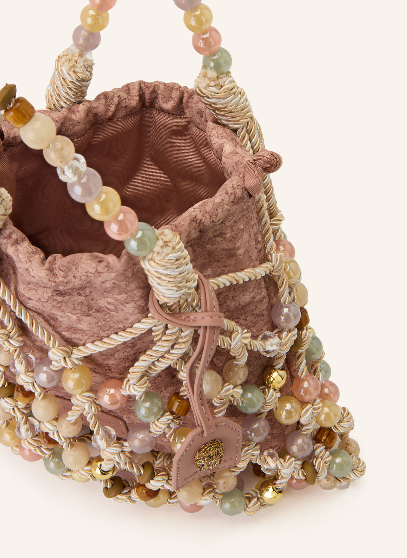 KURT GEIGER MACRAME ROPE Bucket Bag with Decorative Beads: ROSE / BEIGE