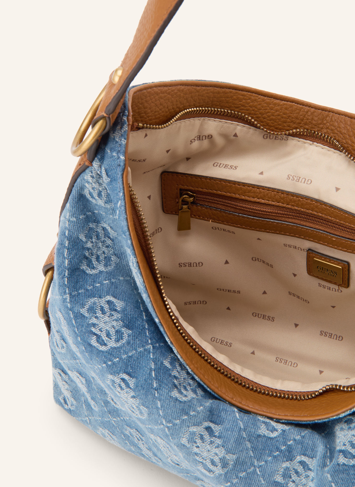 GUESS Schultertasche CAMDEN: BLAU / COGNAC / HELLBLAU
