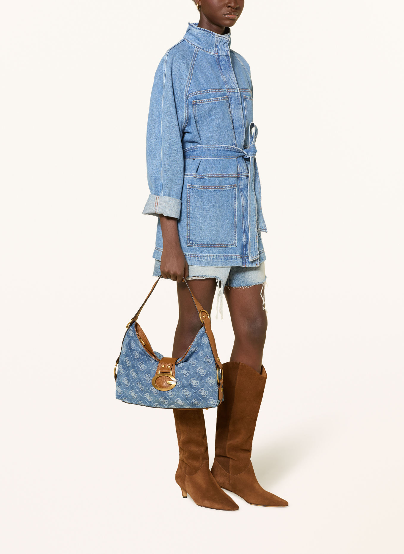 GUESS Schultertasche CAMDEN: BLAU / COGNAC / HELLBLAU