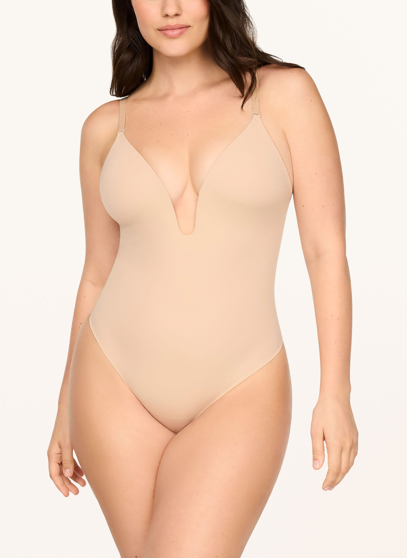 SPANX SPANXSHAPE™ Shapewear bodysuit with a fancy plunge and low back design: BEIGE