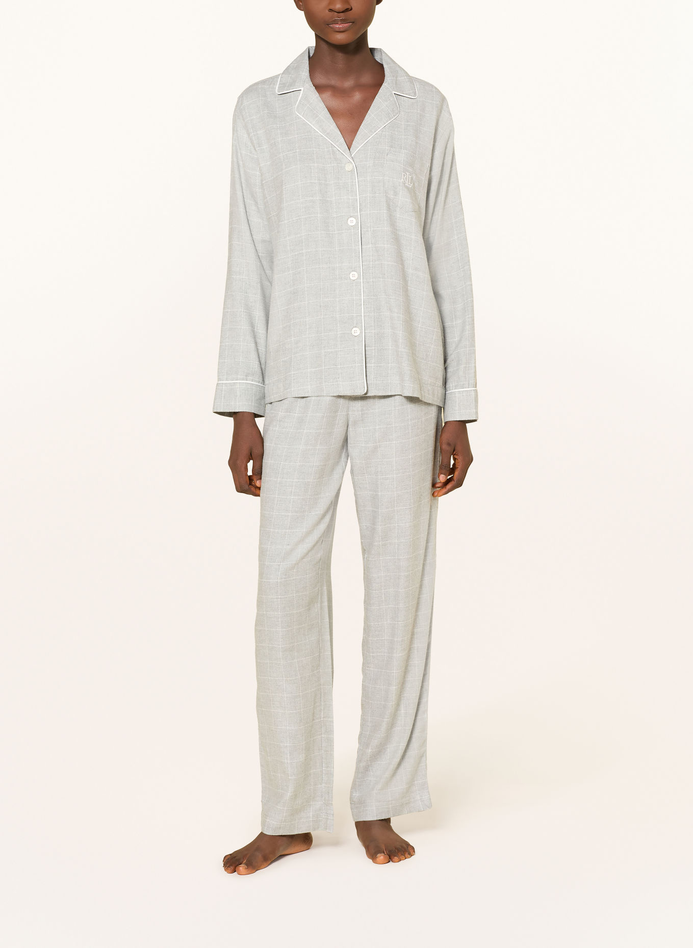 LAUREN RALPH LAUREN Pyjama van flanel: GRIJS / WIT