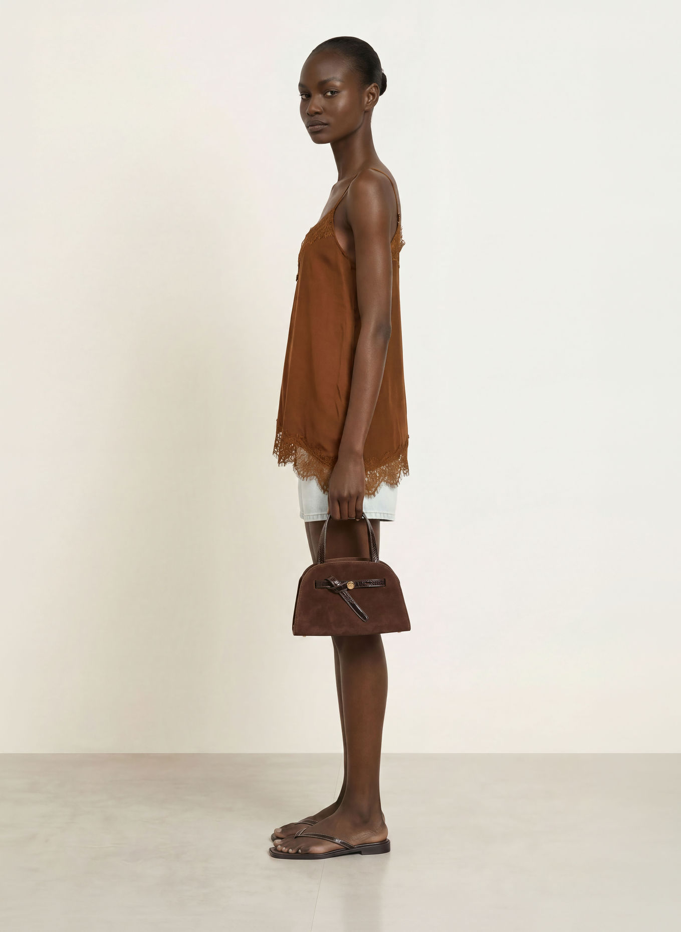 OH APRIL Satijnen top TAMI met kant: MARRON FONCÉ