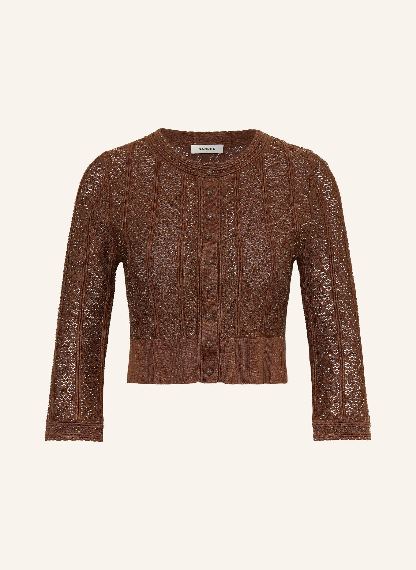 SANDRO Strickjacke mit 3/4-Arm und Schmucksteinen: DUNKELBRAUN