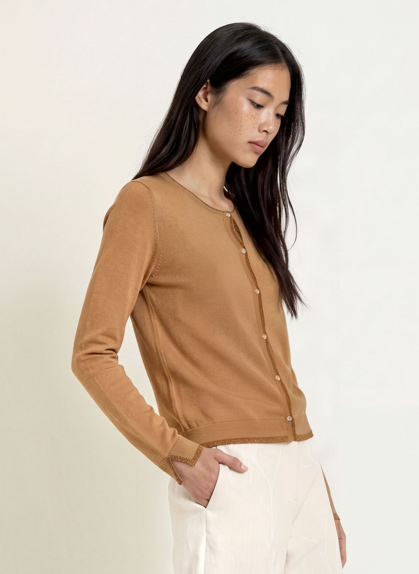 LIU JO Strickjacke mit Schmucksteinen und Glitzergarn: HELLBRAUN