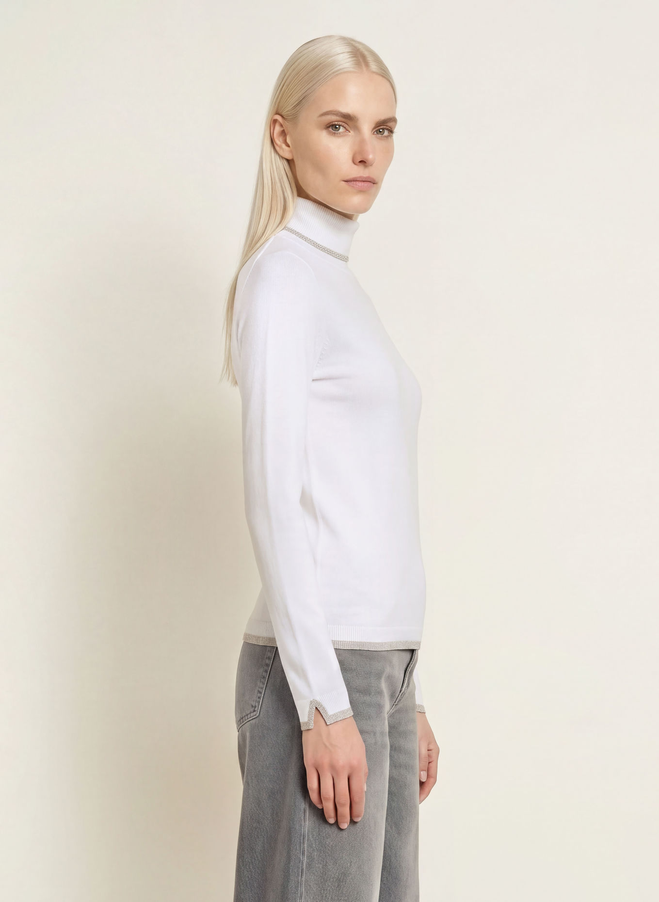 LIU JO Rollkragenpullover mit Glitzergarn und Schmucksteinen: WEISS / TAUPE
