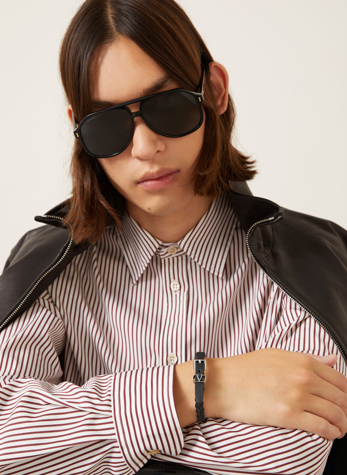 VALENTINO GARAVANI Lederarmband OVALETTE: SCHWARZ / SILBER