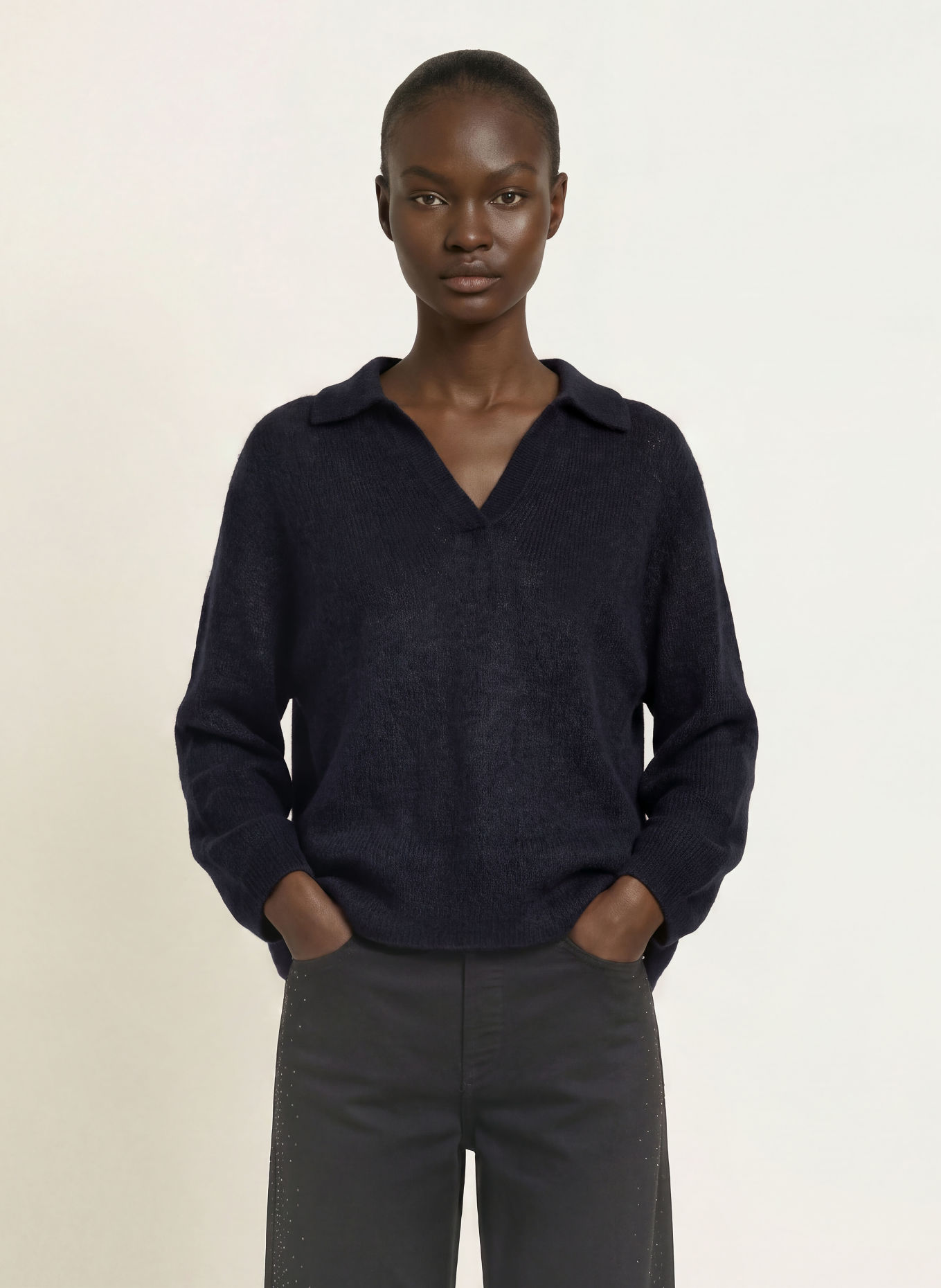MARC CAIN Strick-Poloshirt mit Alpaka und Mohair: 394 navy