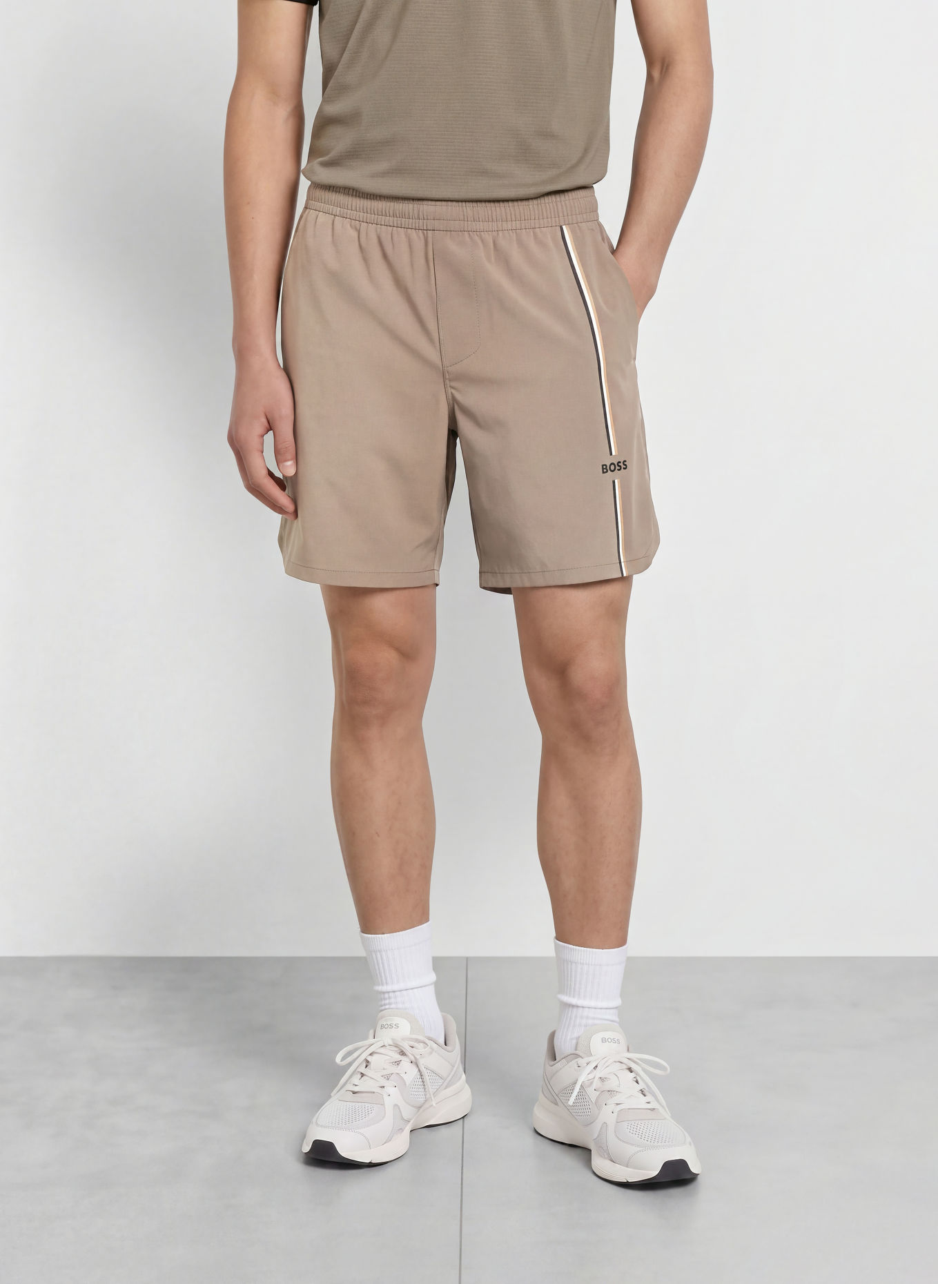 BOSS GAME Tennis Shorts: TAUPE / WHITE / BLACK