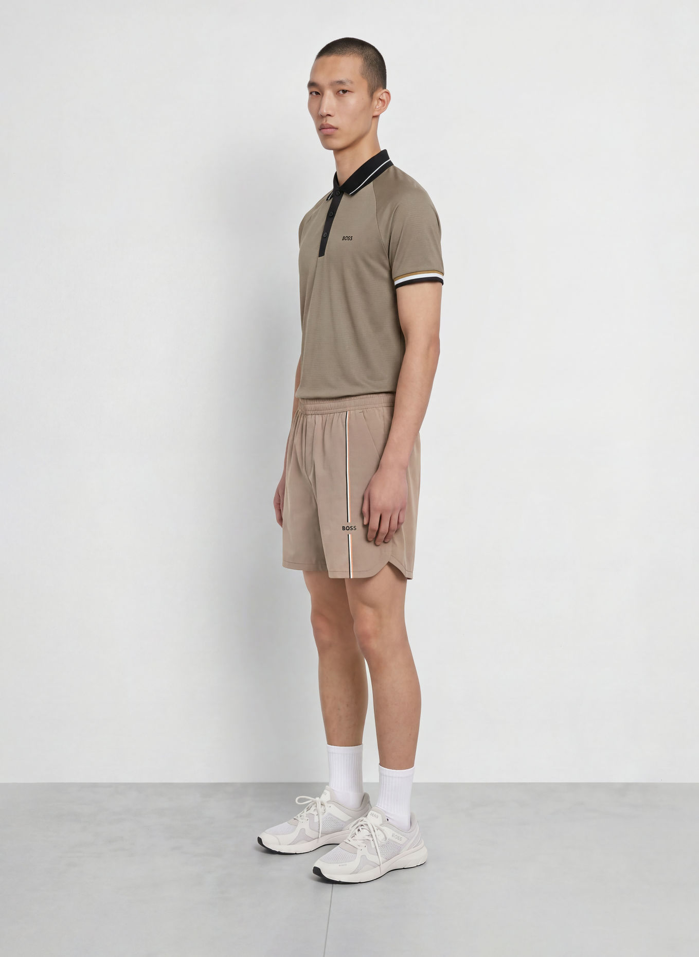 BOSS GAME Tennis Shorts: TAUPE / WHITE / BLACK