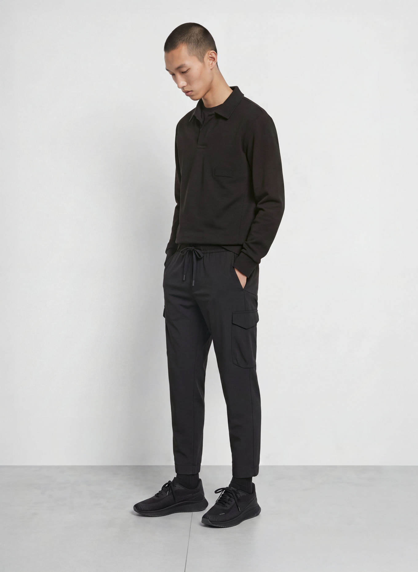 BOSS Sweat-Poloshirt PLACKET: SCHWARZ