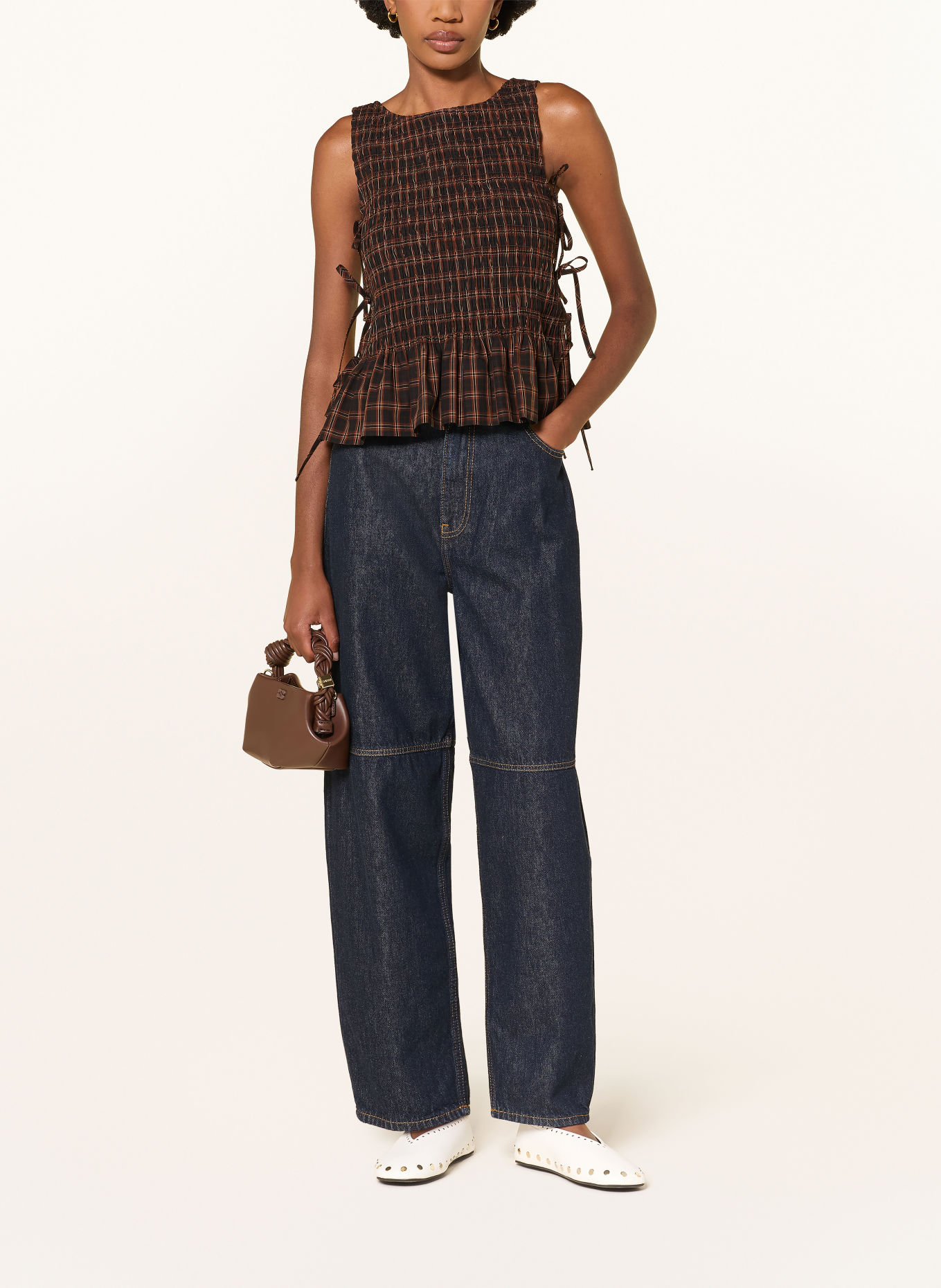 GANNI Blousetop: MARRON FONCÉ / CAMEL / ZWART