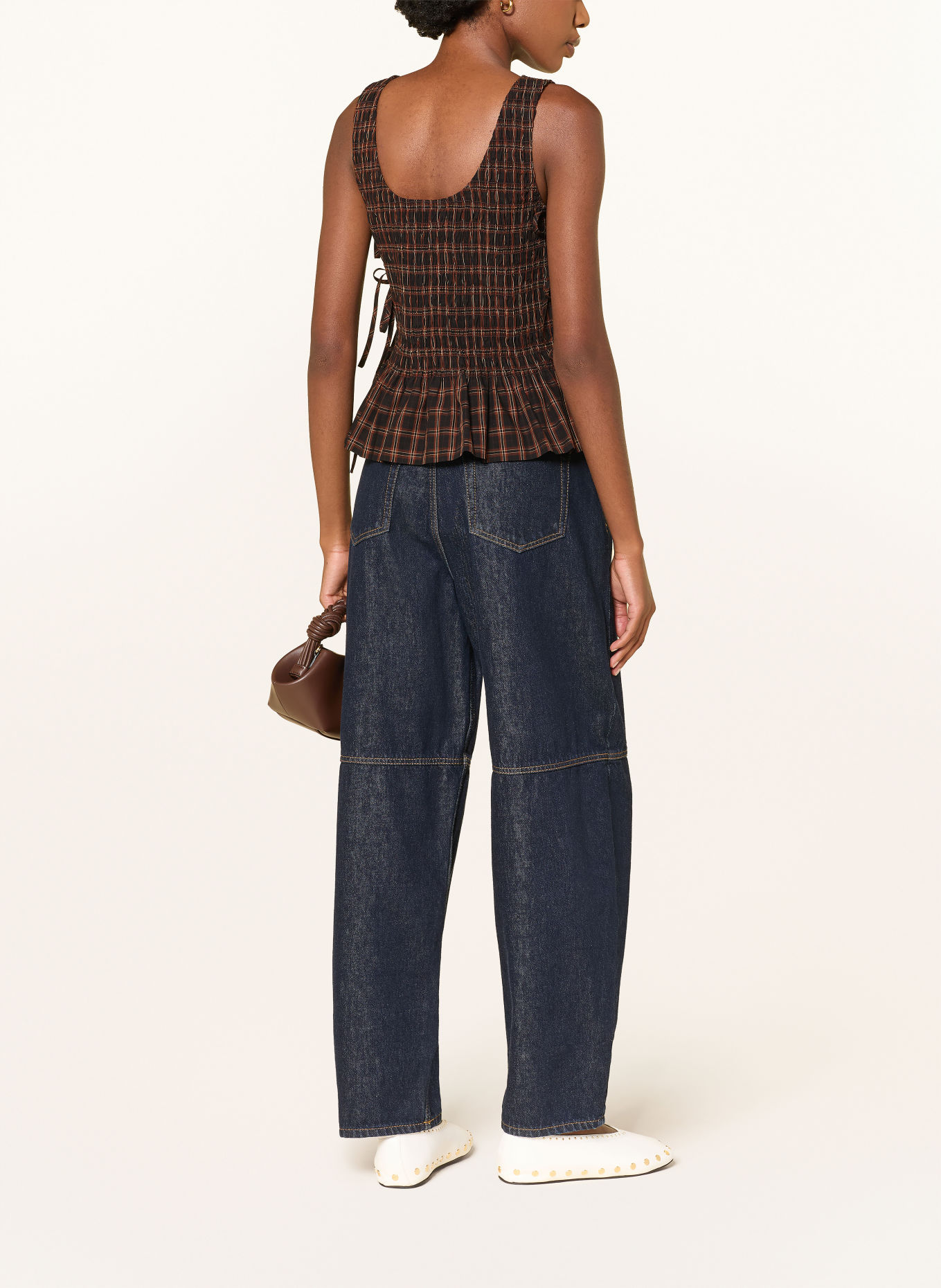 GANNI Blousetop: MARRON FONCÉ / CAMEL / ZWART