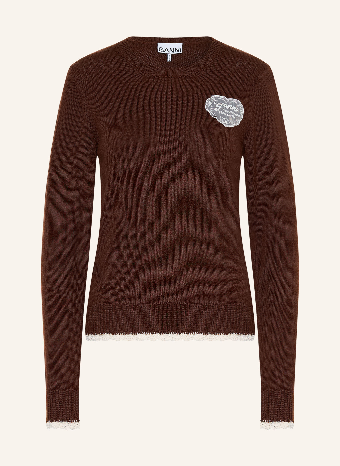 GANNI Trui met kant: MARRON FONCÉ / GRIJS / WIT