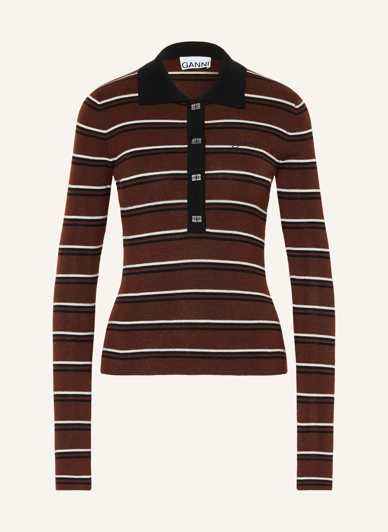 GANNI Gebreid poloshirt: MARRON FONCÉ / WIT / ZWART