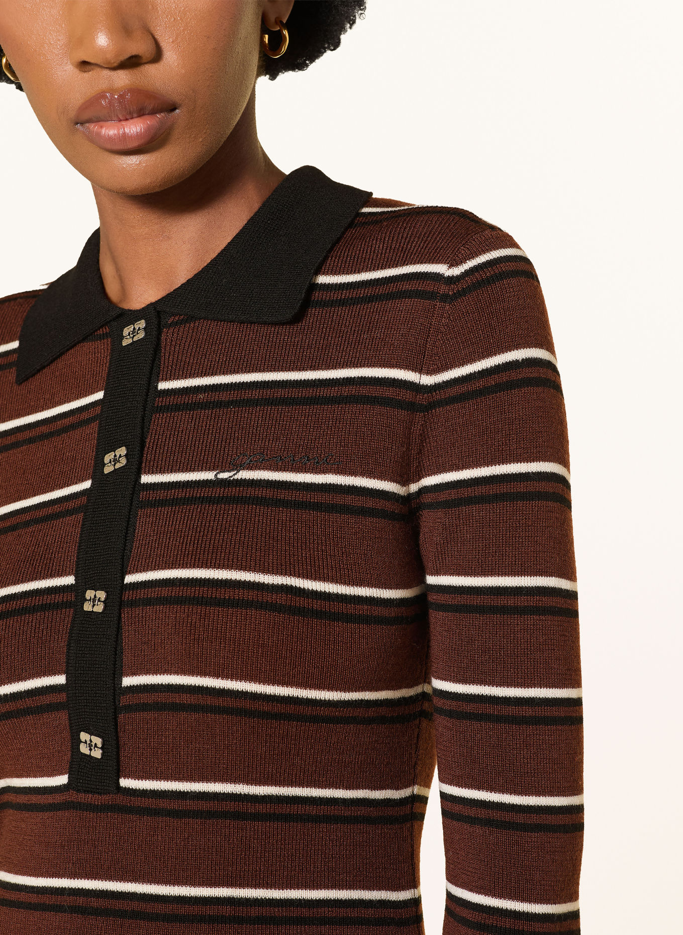 GANNI Gebreid poloshirt: MARRON FONCÉ / WIT / ZWART