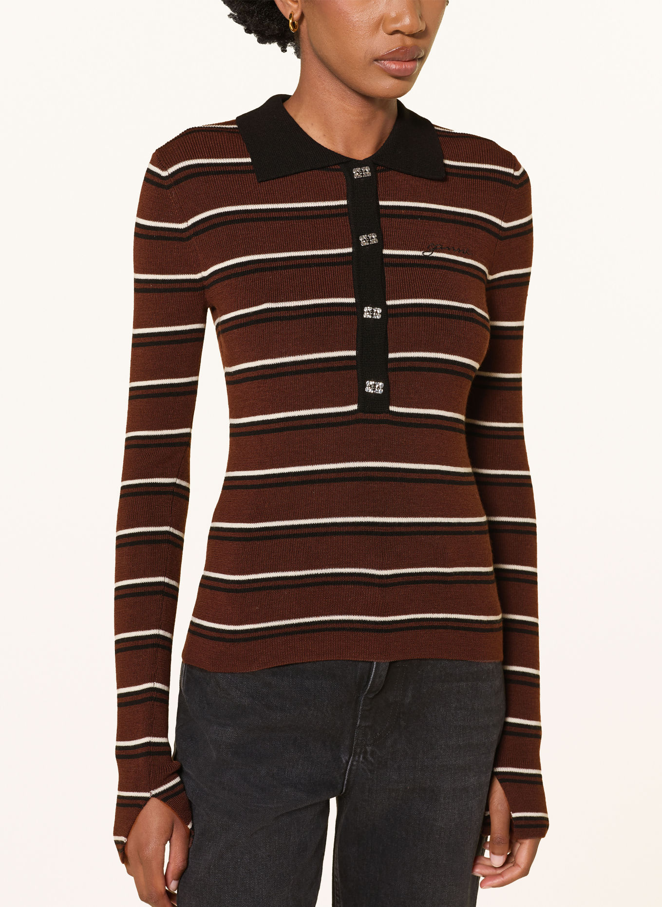 GANNI Gebreid poloshirt: MARRON FONCÉ / WIT / ZWART