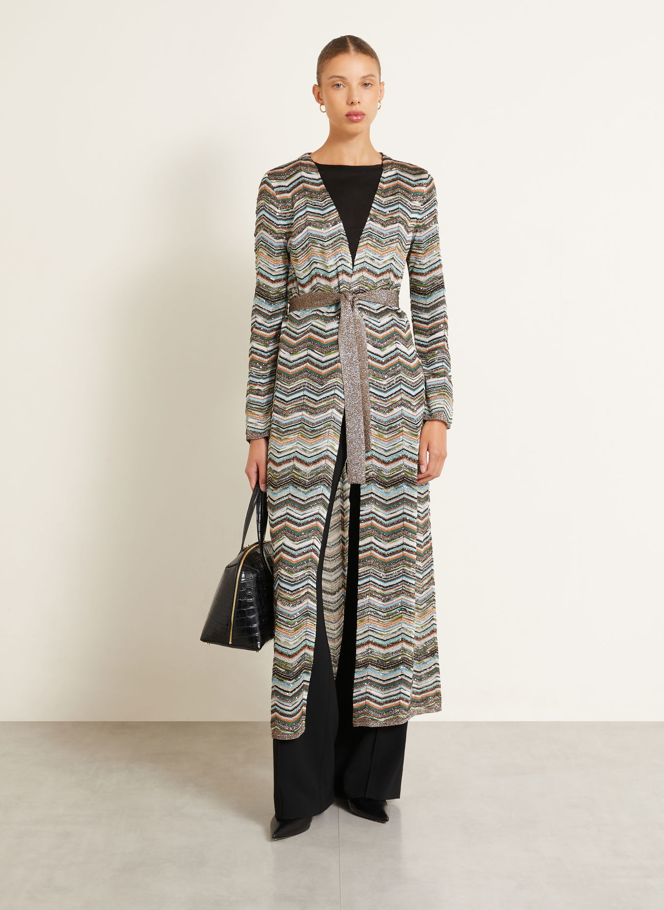 MISSONI Gebreid openvallend vest met pailletten en glittergaren: BRUIN / GROEN / TURQUOISE