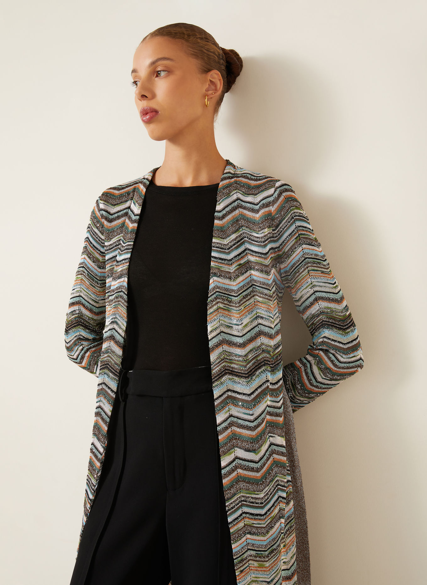 MISSONI Gebreid openvallend vest met pailletten en glittergaren: BRUIN / GROEN / TURQUOISE