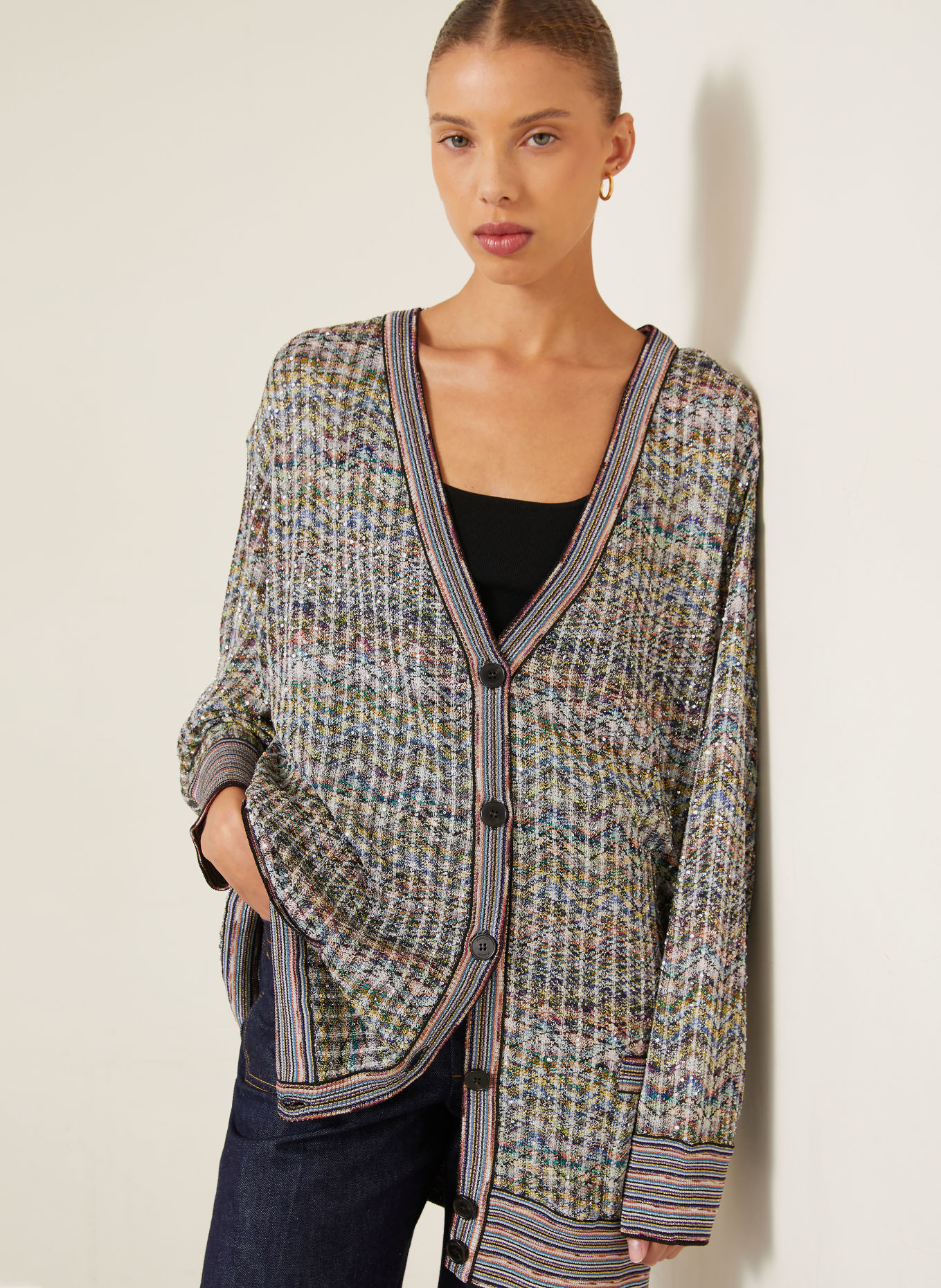 MISSONI Cardigan with glitter yarn and sequins: CREAM / PINK / LIGHT GREEN