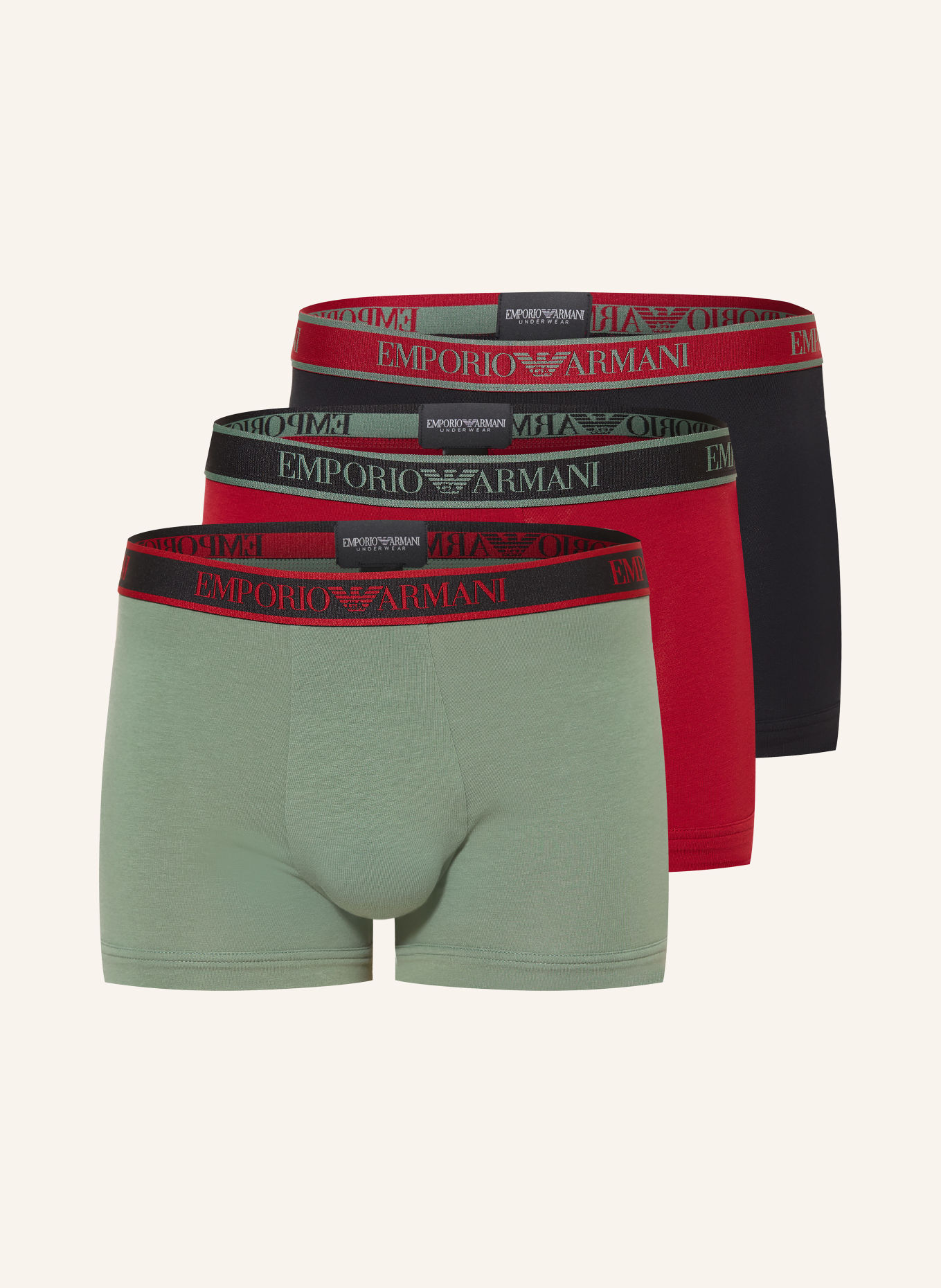 EMPORIO ARMANI Set van 3 Boxershorts: OLIJF / DONKERROOD / ZWART