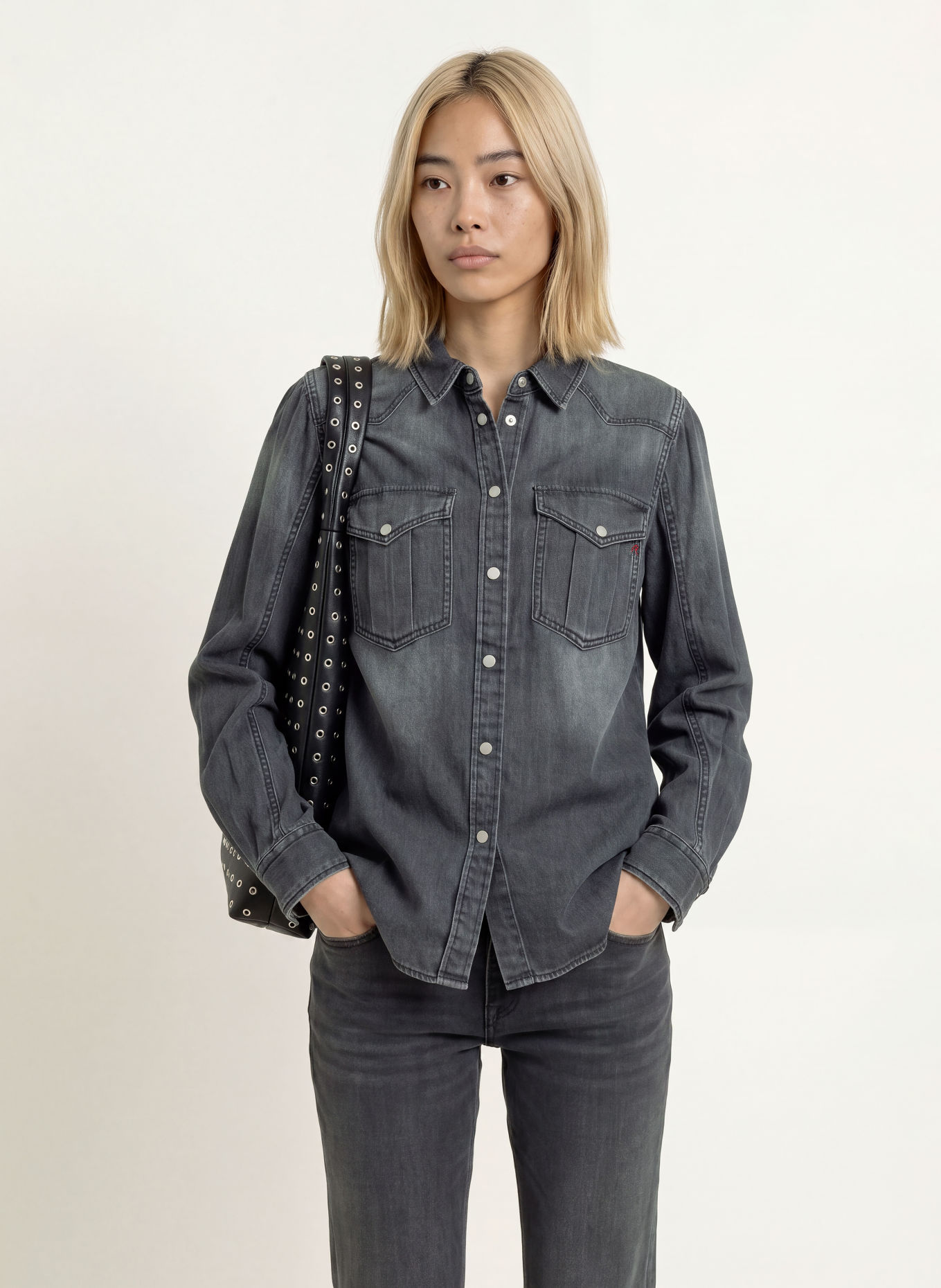 REPLAY Jeansbluse: DUNKELGRAU