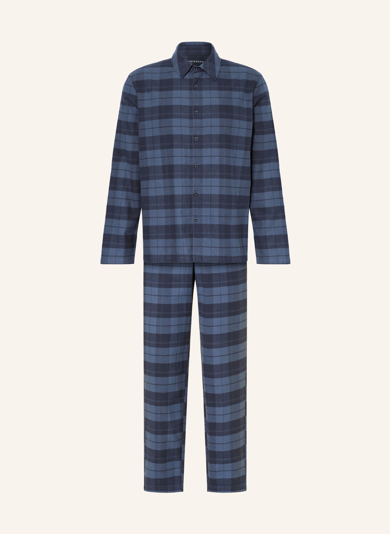 SCHIESSER Schlafanzug SELECTED PREMIUM WARMING aus Flanell: BLAUGRAU / DUNKELBLAU