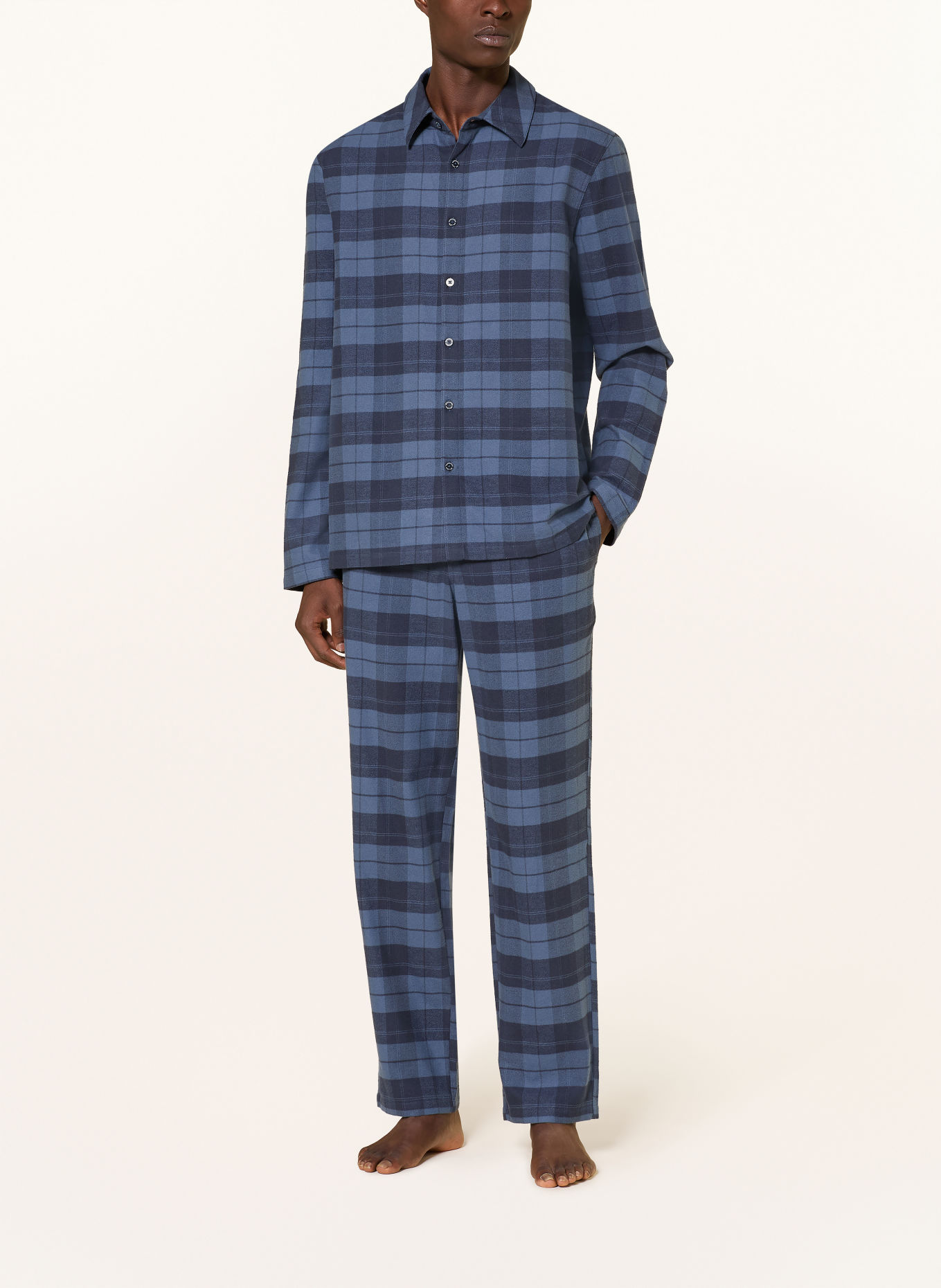 SCHIESSER Schlafanzug SELECTED PREMIUM WARMING aus Flanell: BLAUGRAU / DUNKELBLAU