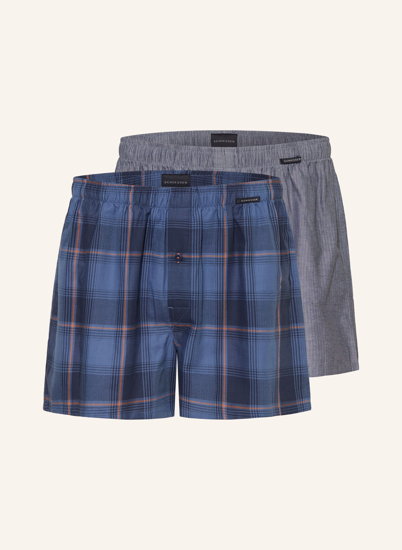 SCHIESSER Set van 2 boxershorts: BLAUWGRIJS / LICHTORANJE / DONKERBLAUW
