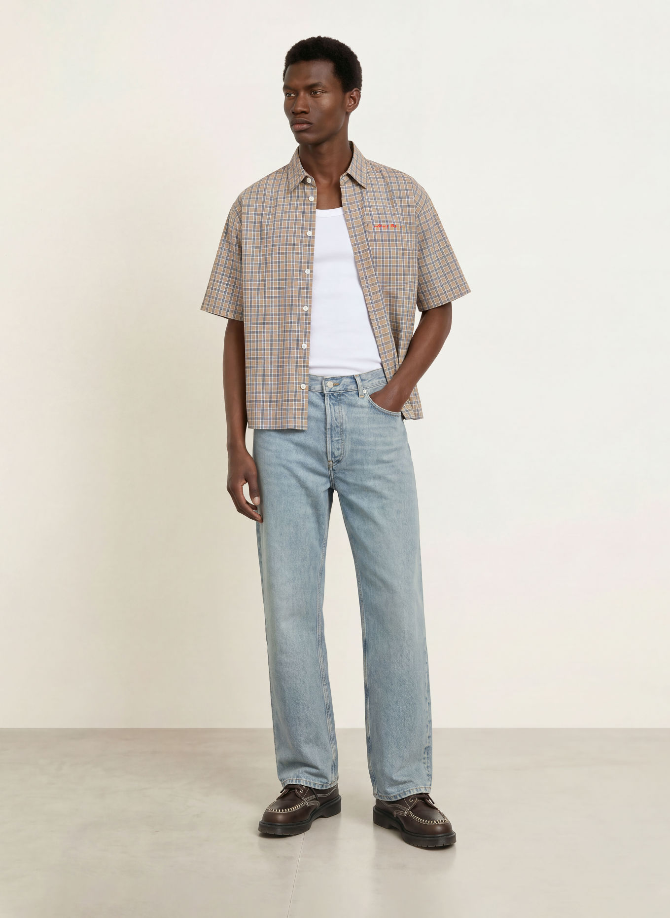 about:blank Kurzarm-Hemd Boxy Fit: BEIGE / ROT / BLAU