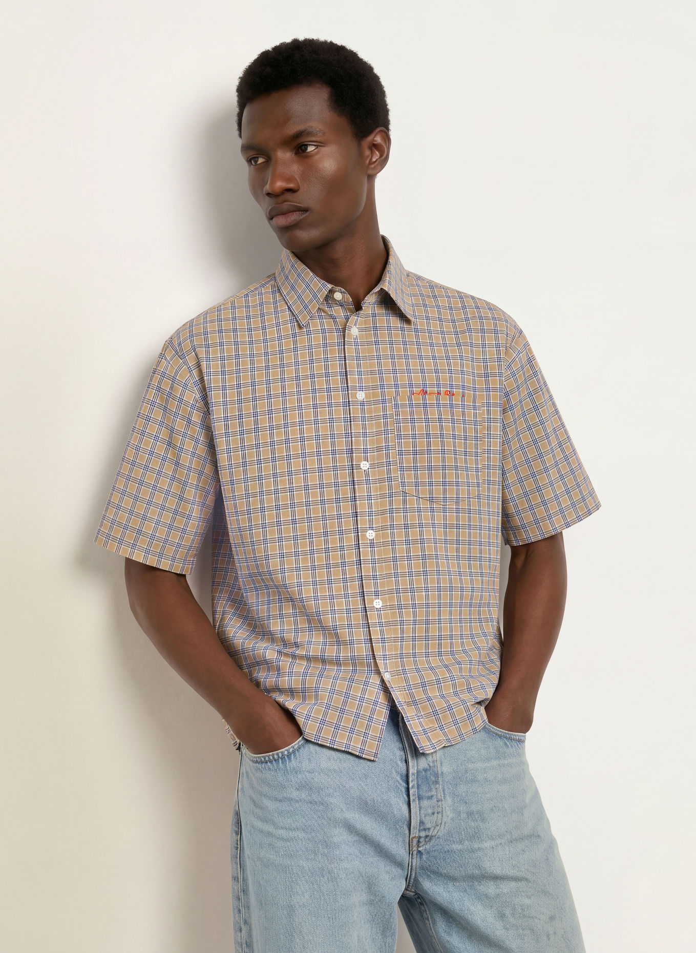 about:blank Kurzarm-Hemd Boxy Fit: BEIGE / ROT / BLAU