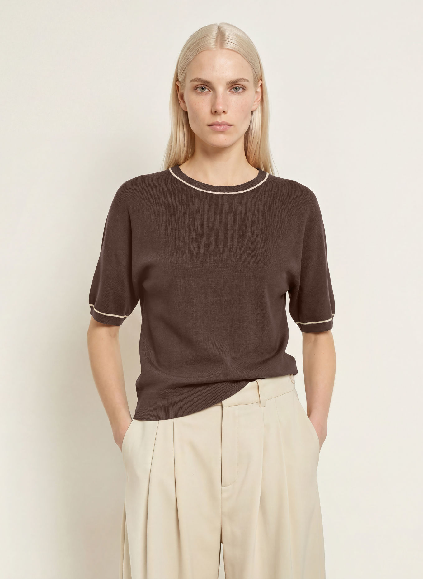 comma Knit shirt: DARK BROWN / BEIGE