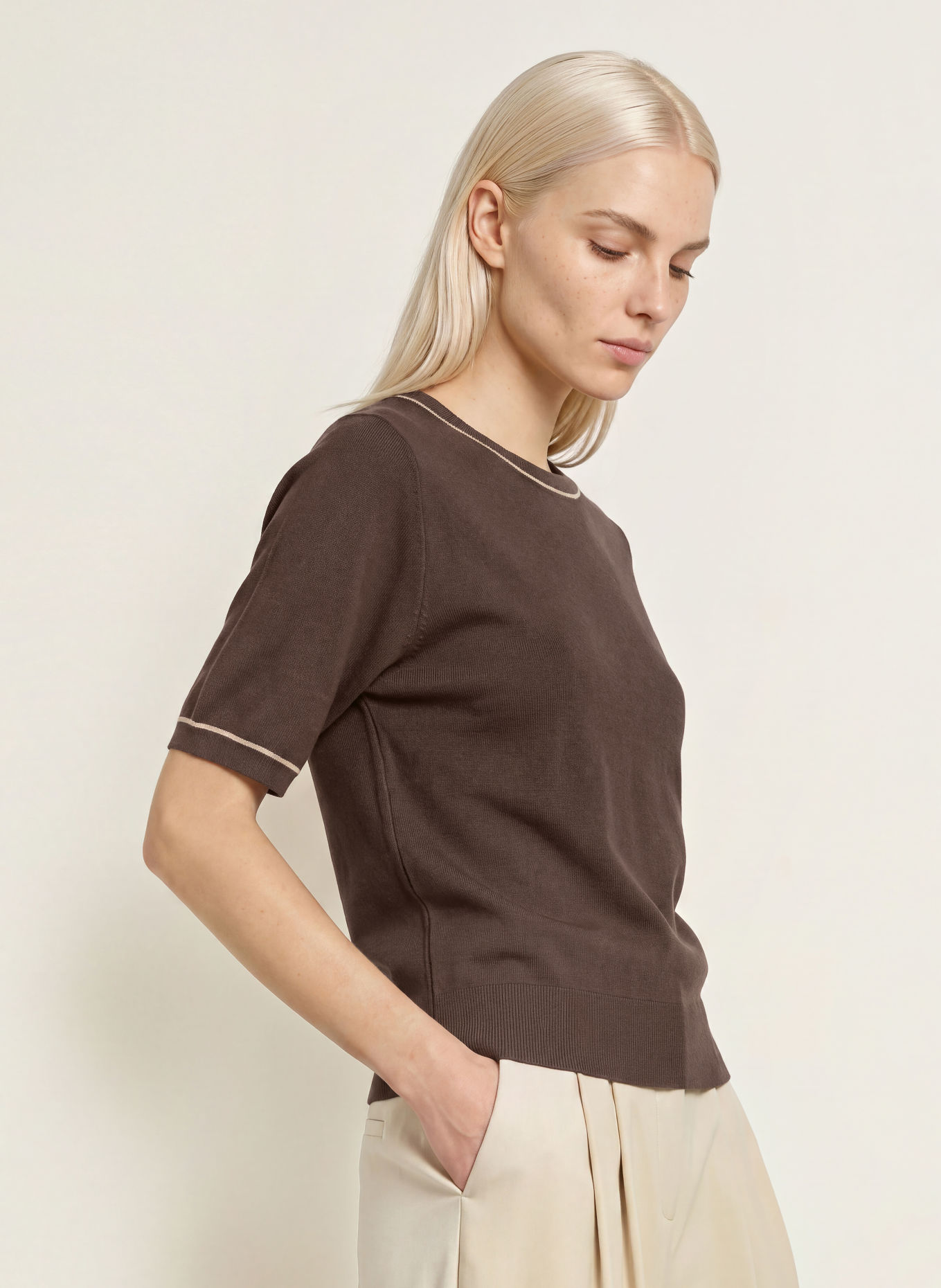 comma Knit shirt: DARK BROWN / BEIGE