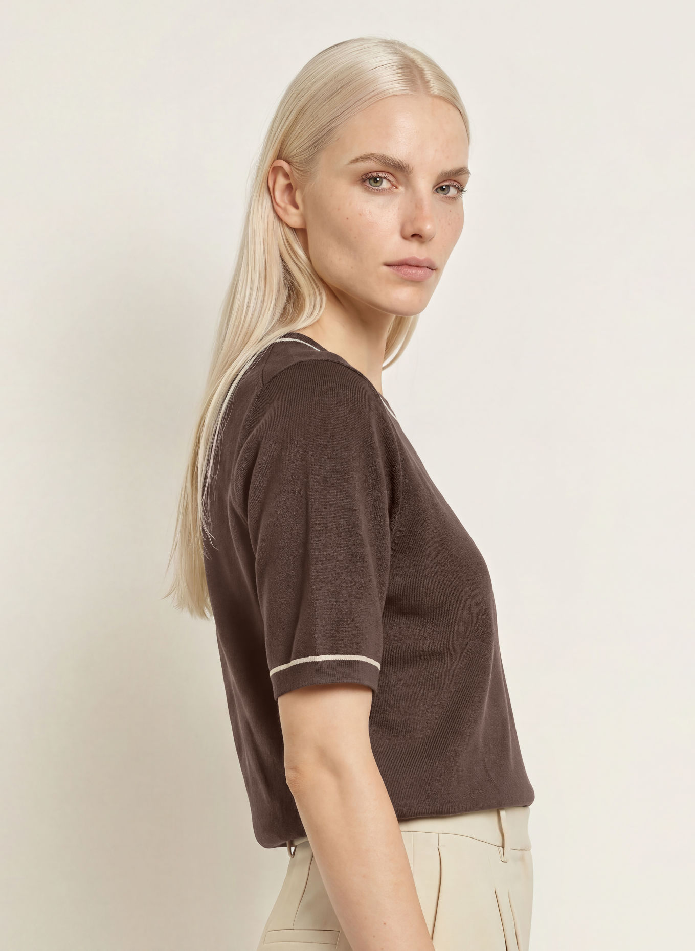 comma Knit shirt: DARK BROWN / BEIGE