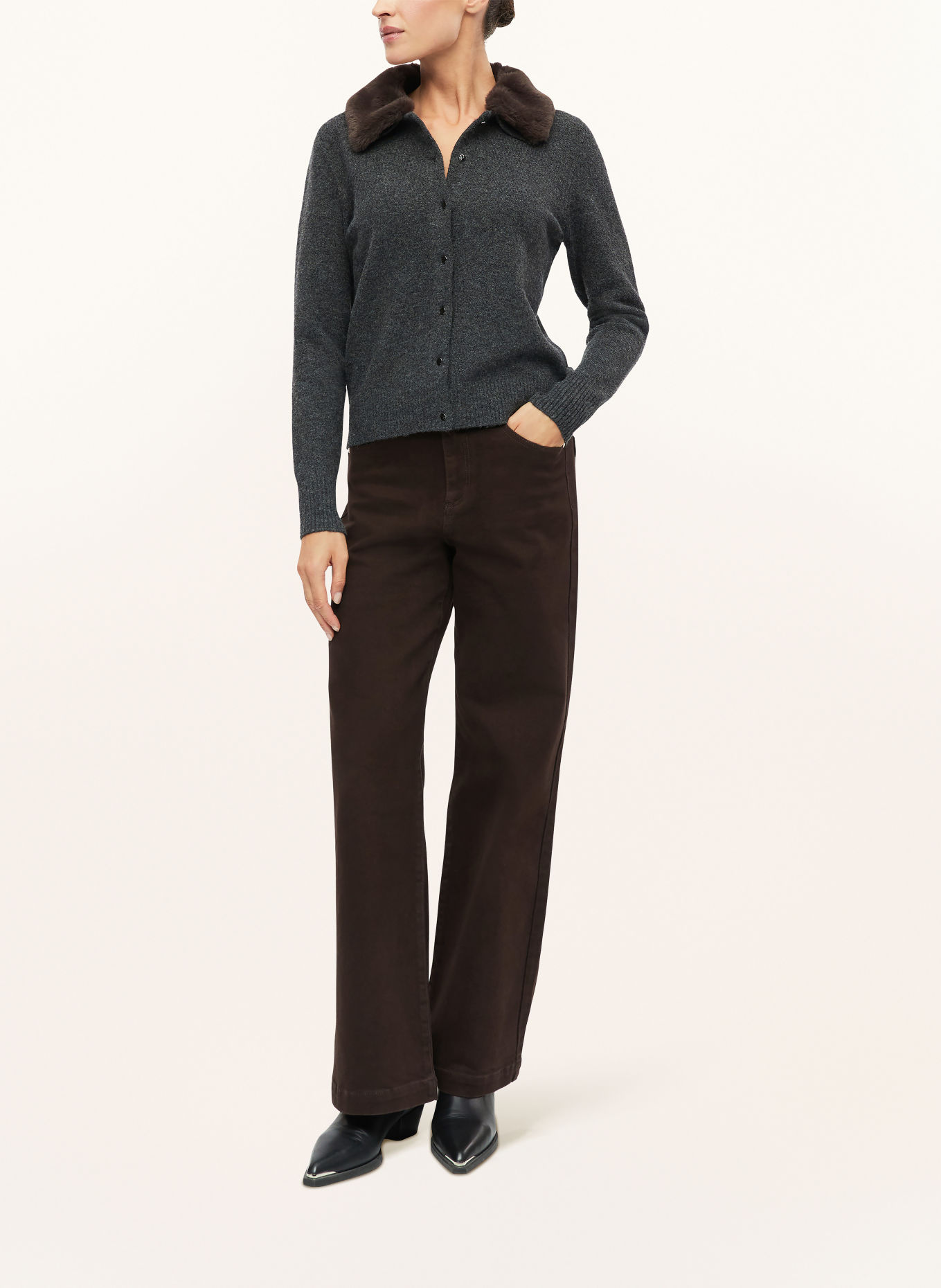 s.Oliver BLACK LABEL Strickjacke mit Kunstfell: DUNKELGRAU / DUNKELBRAUN