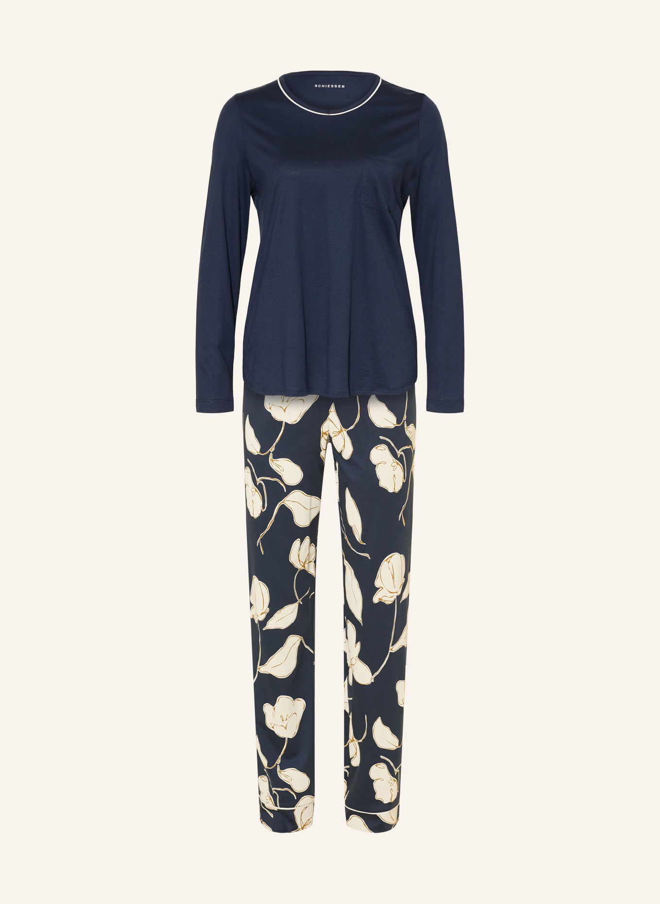 SCHIESSER Pyjama COMFORT NIGHTWEAR: DONKERBLAUW / LICHTBRUIN / CRÈME