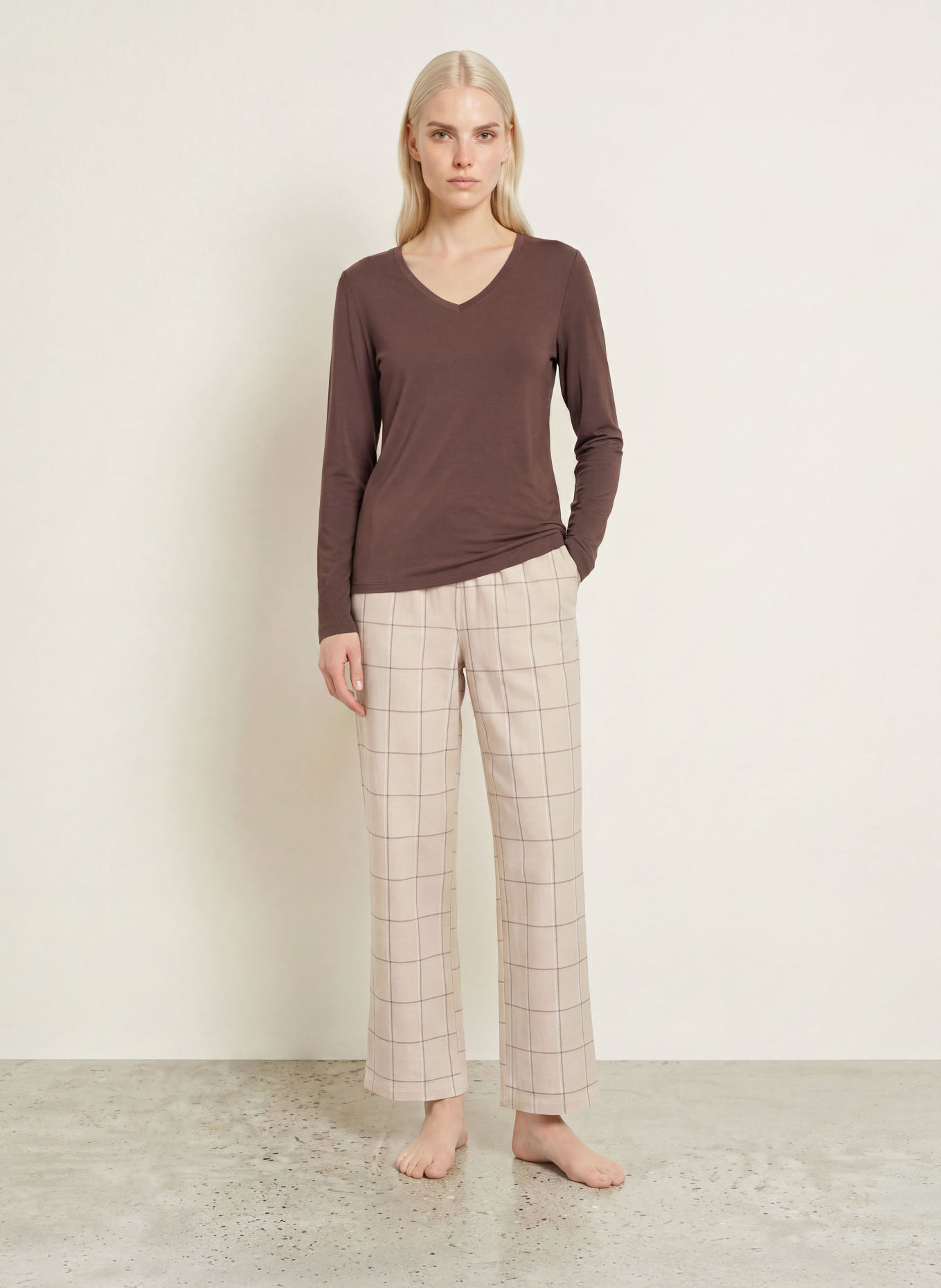 SCHIESSER Pyjamabroek van flanel: BEIGE / BRUIN / LICHTPAARS