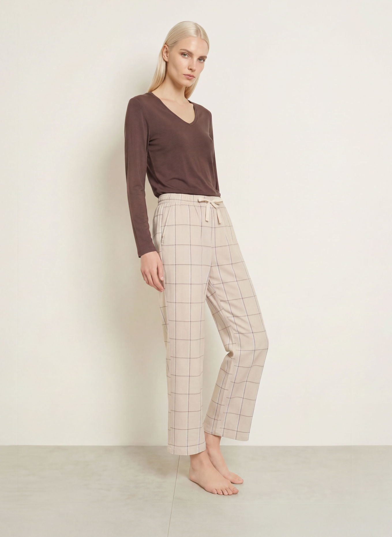 SCHIESSER Pyjamabroek van flanel: BEIGE / BRUIN / LICHTPAARS