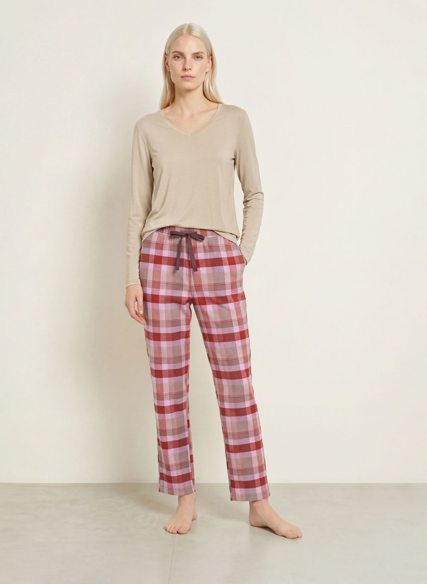 SCHIESSER Pyjamabroek van flanel: DONKERROOD / LICHTBRUIN / LICHTPAARS