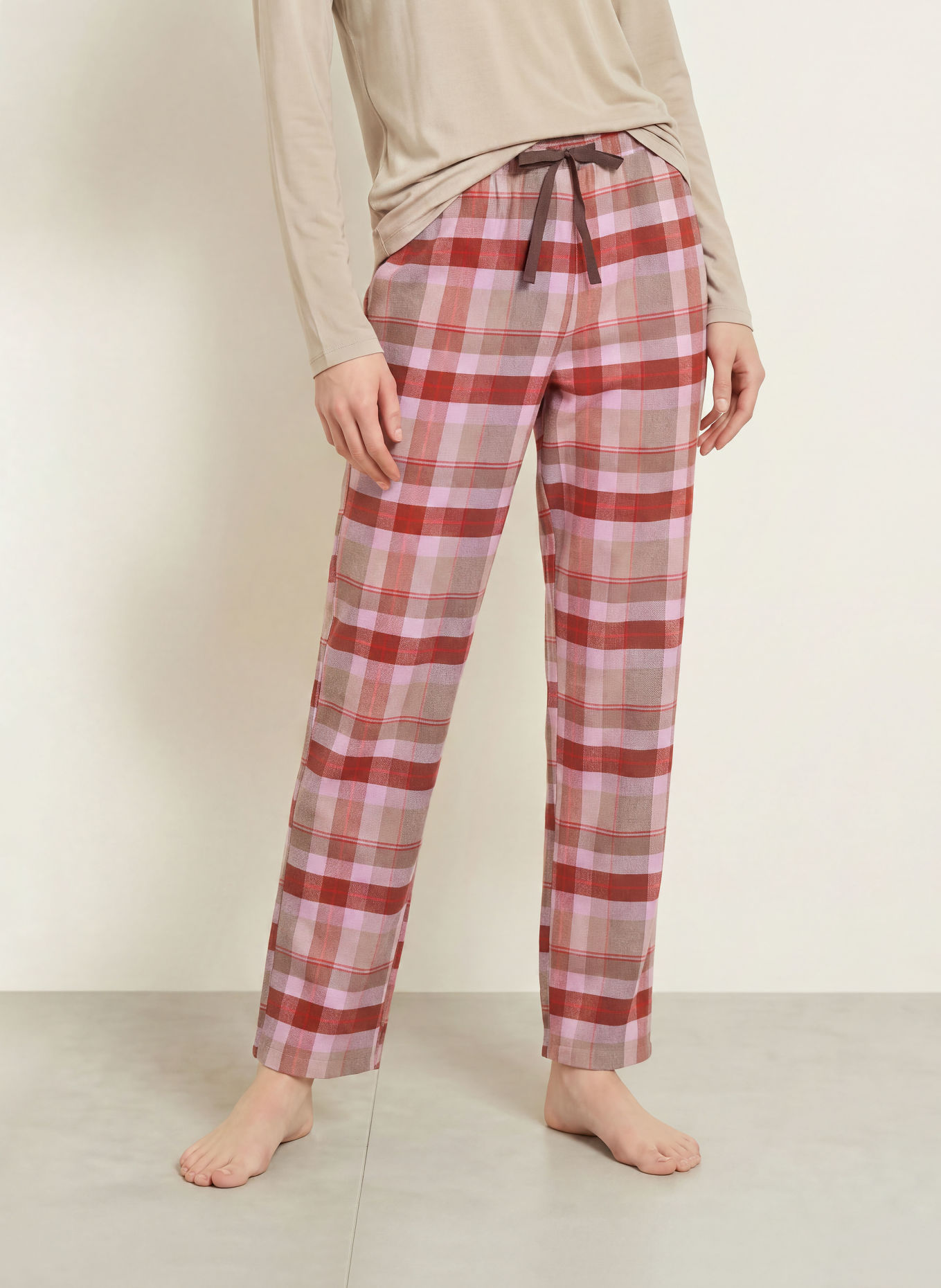 SCHIESSER Pyjamabroek van flanel: DONKERROOD / LICHTBRUIN / LICHTPAARS